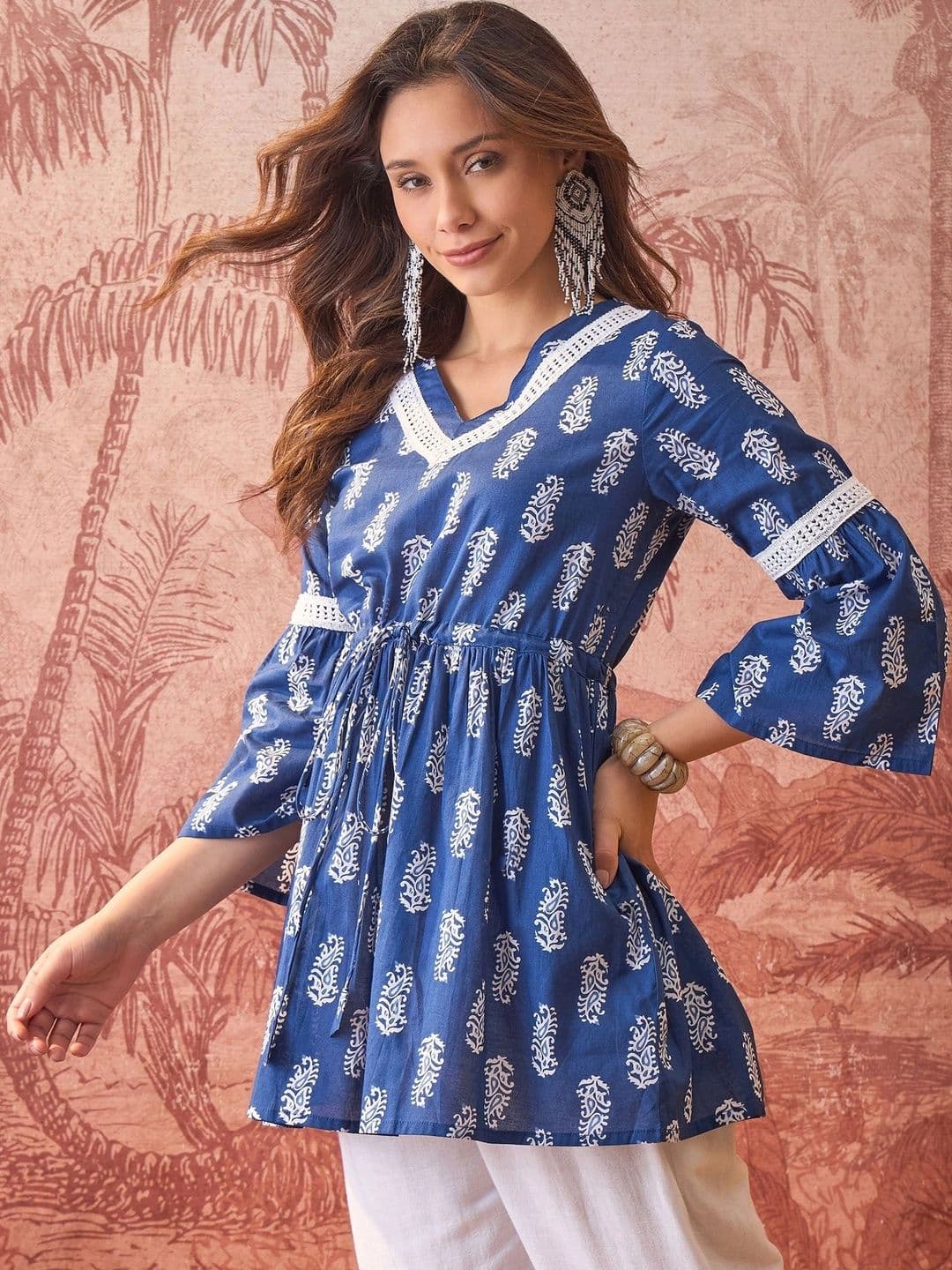 Sangria Ethnic Motifs Printed V-Neck Flared Sleeves Pure Cotton Blend Kurti thumbnail 6