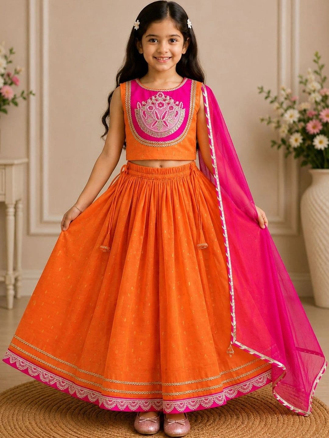 KALINI Girls Embroidered Thread Work Ready to Wear Lehenga & Blouse With Dupatta - view 1