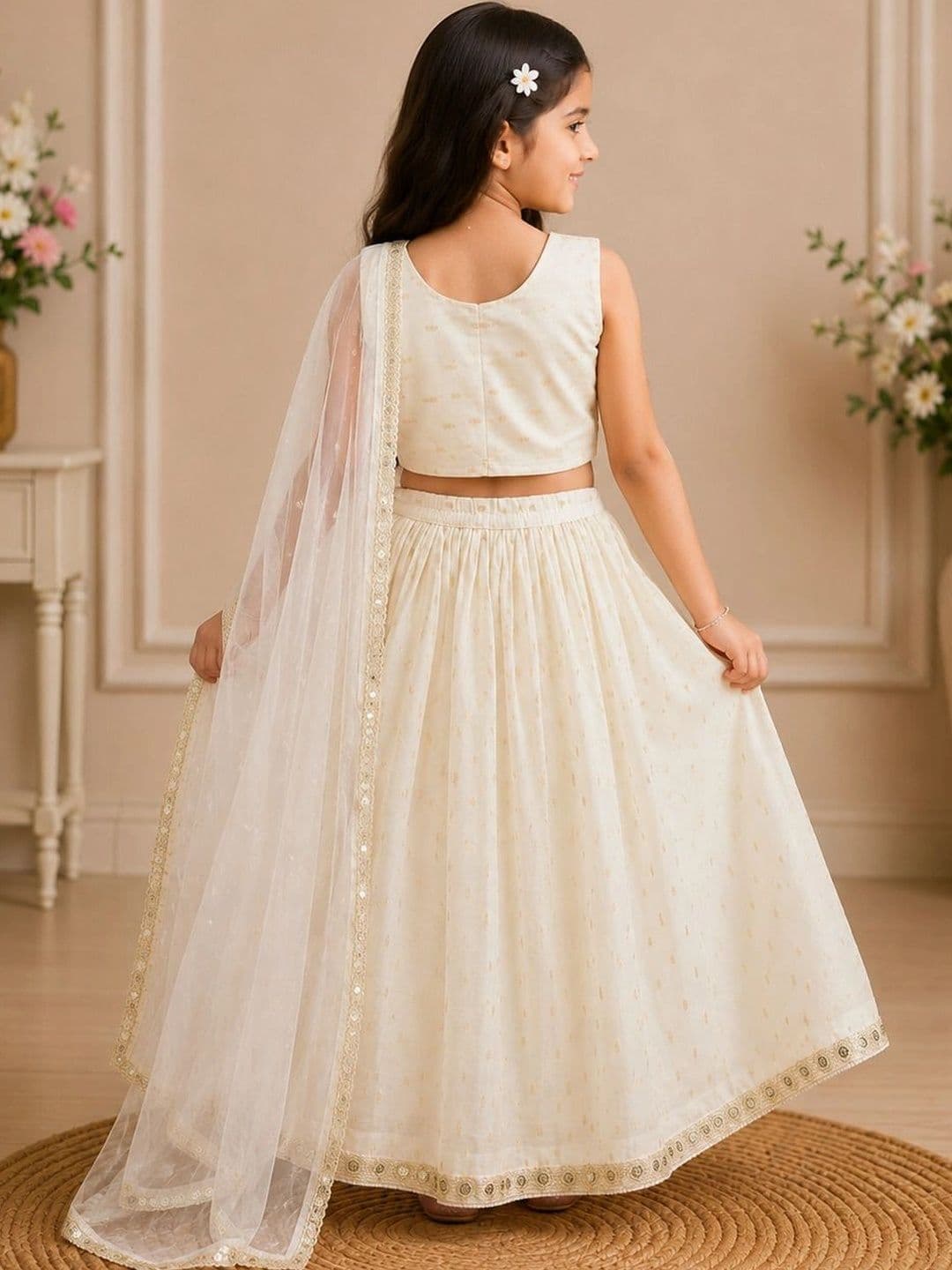 KALINI Girls Embroidered Mirror Work Ready to Wear Lehenga & Blouse With Dupatta thumbnail 5