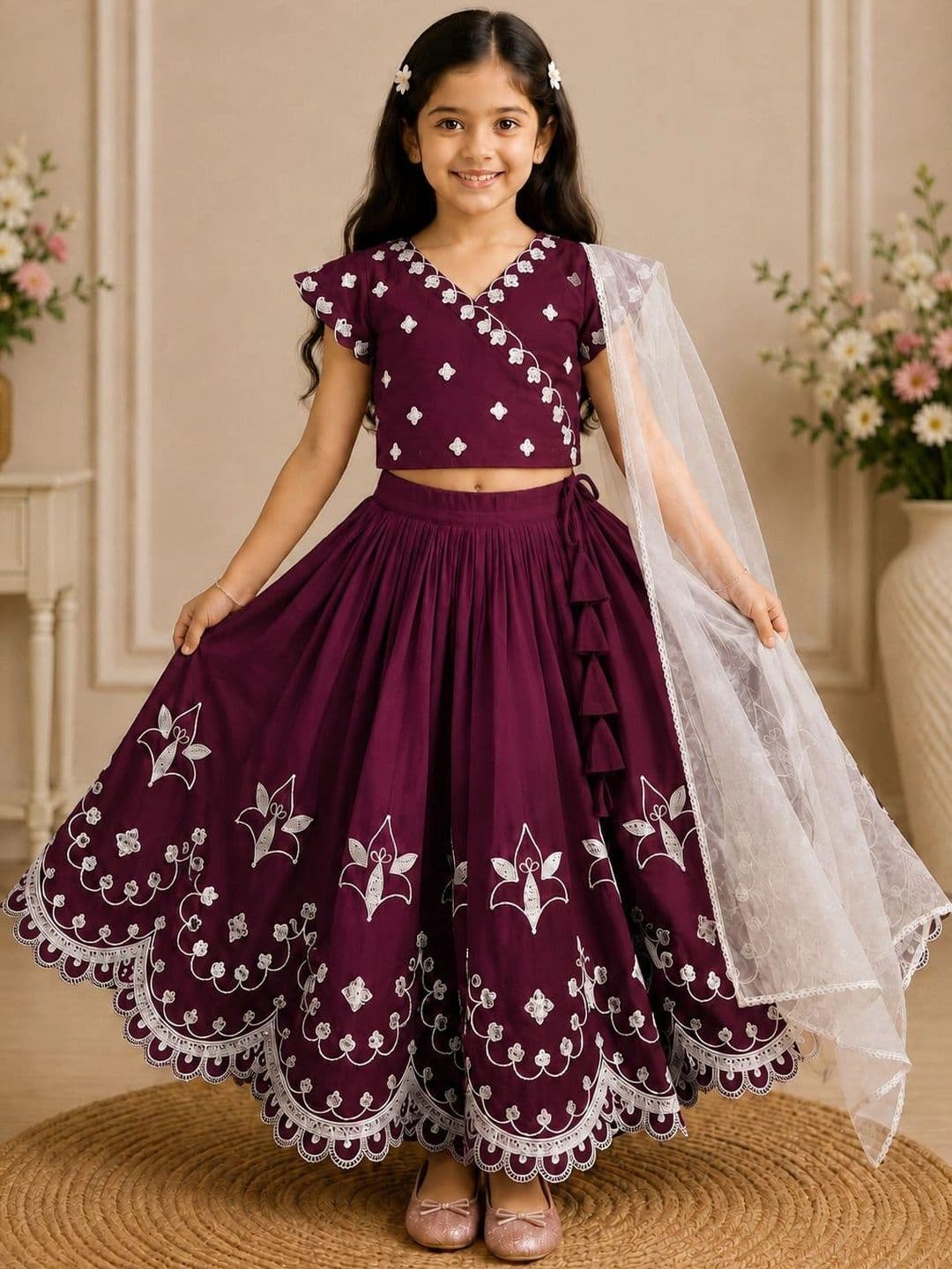 KALINI Girls Embroidered Thread Work Ready to Wear Lehenga & Blouse With Dupatta - view 1