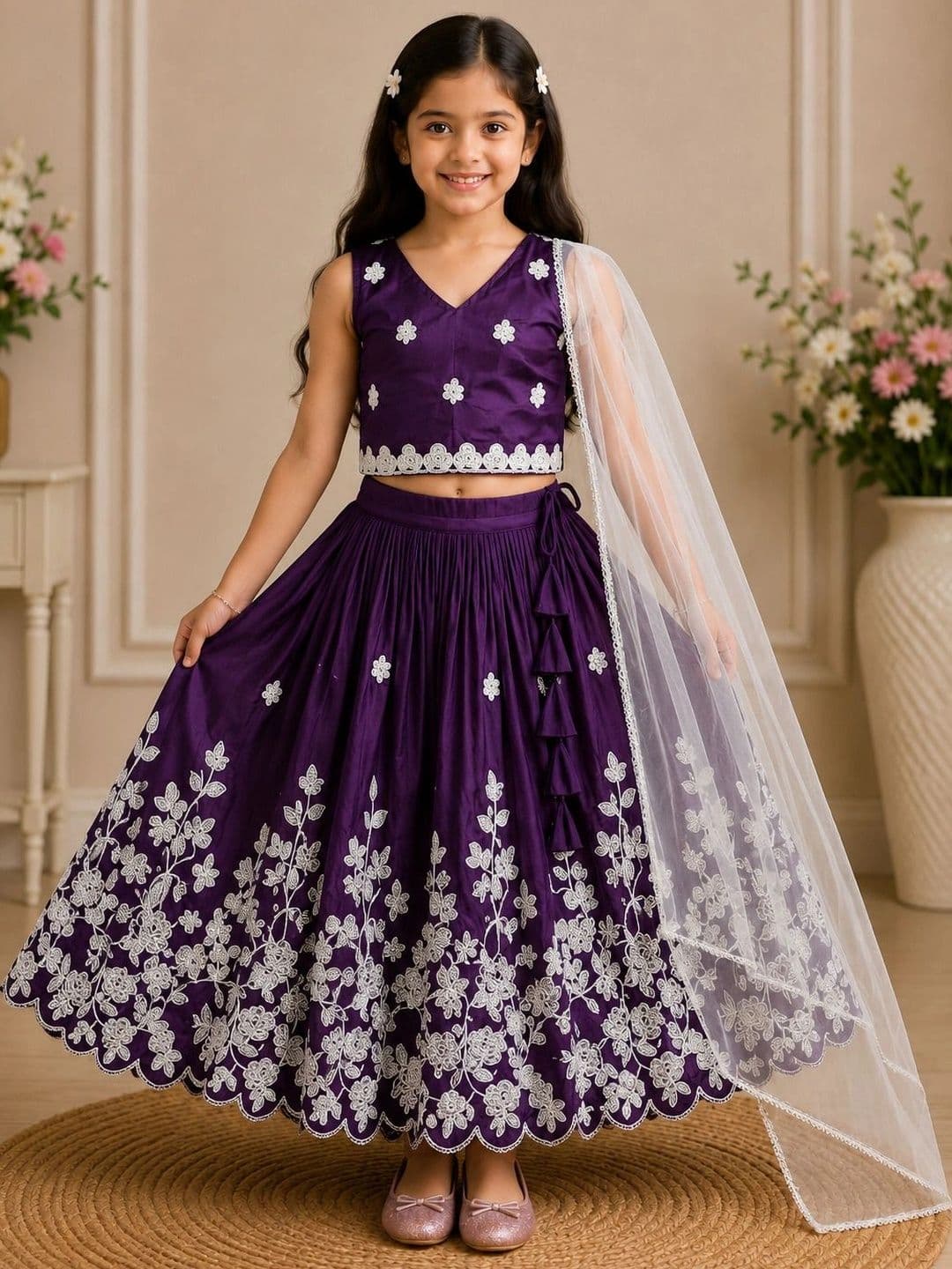 KALINI Girls Embroidered Thread Work Ready to Wear Lehenga & Blouse With Dupatta - view 1