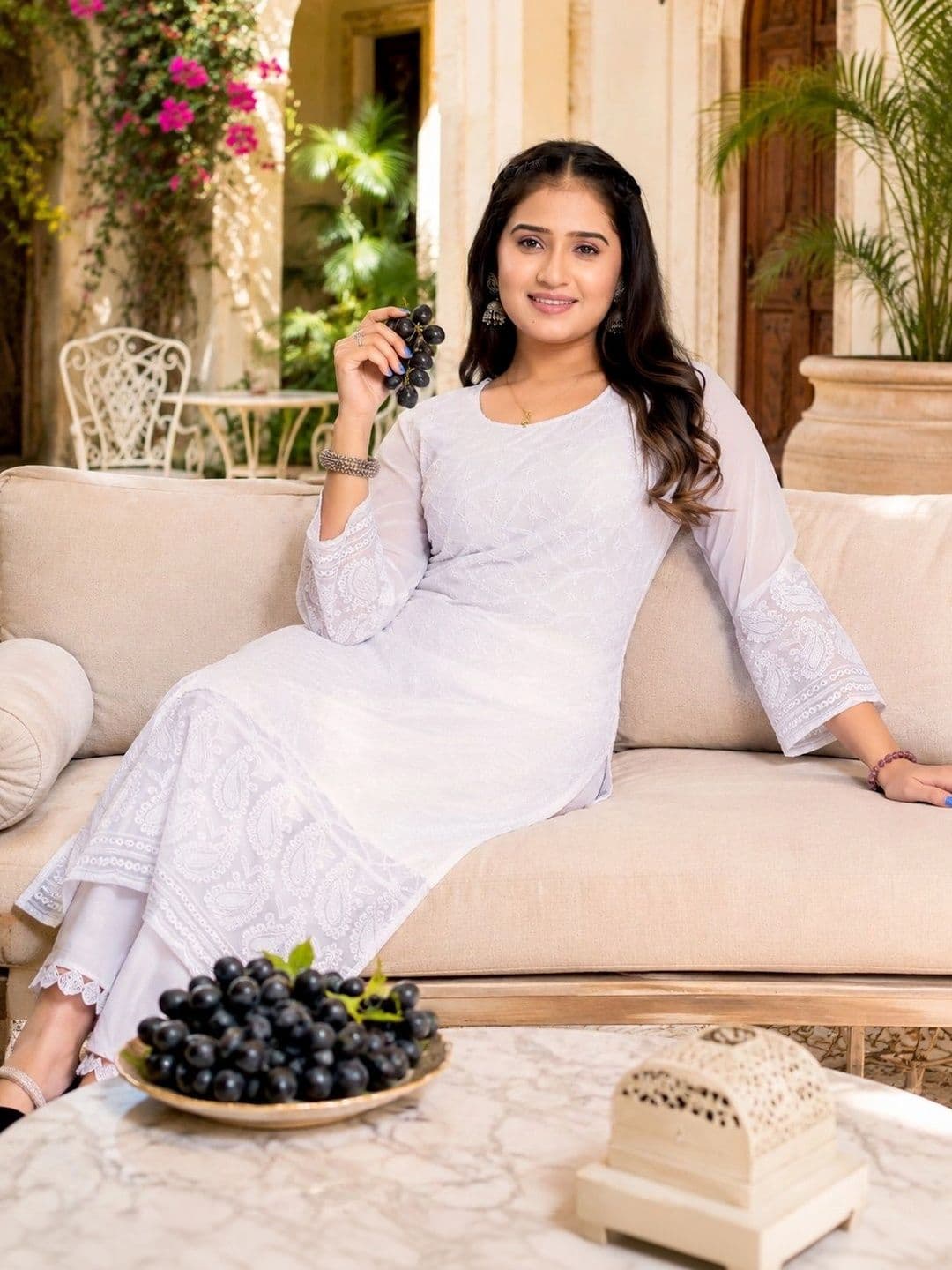 KAYRAAH Ethnic Motifs Embroidered Chikankari Pure Georgette Chikankari Kurti thumbnail 3