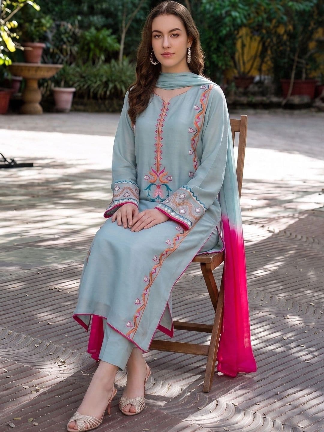 Sangria Women Regular Thread Work Silk Crepe Kurta with Trousers & With Dupatta thumbnail 4