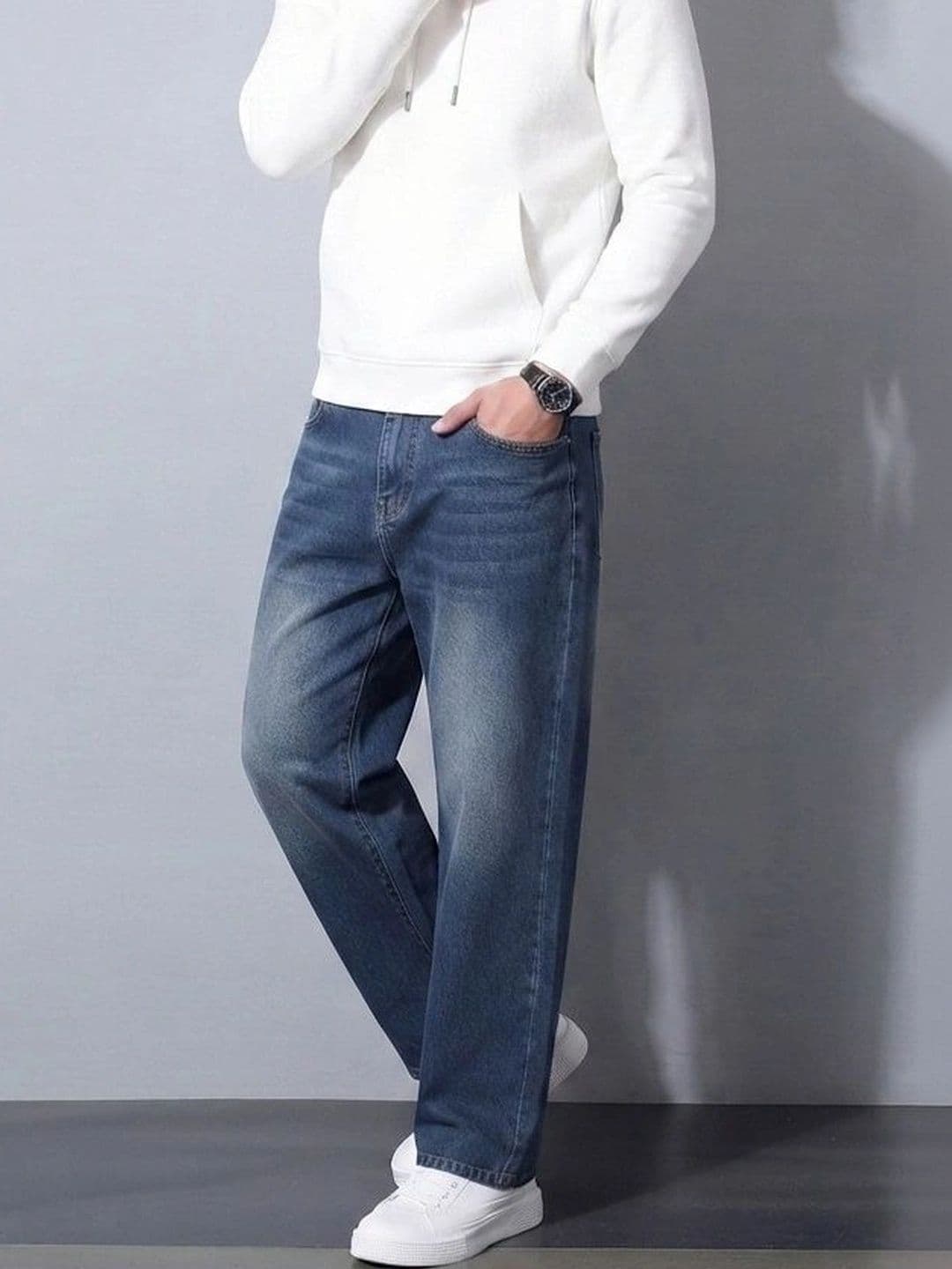 PINKLIT Men Wide Leg Mid-Rise Medium Shade Jeans thumbnail 6