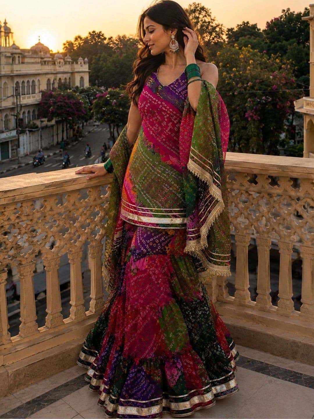 HERE&NOW Women Ethnic Motifs Printed Tiered Kurta with Sharara & With Dupatta thumbnail 2