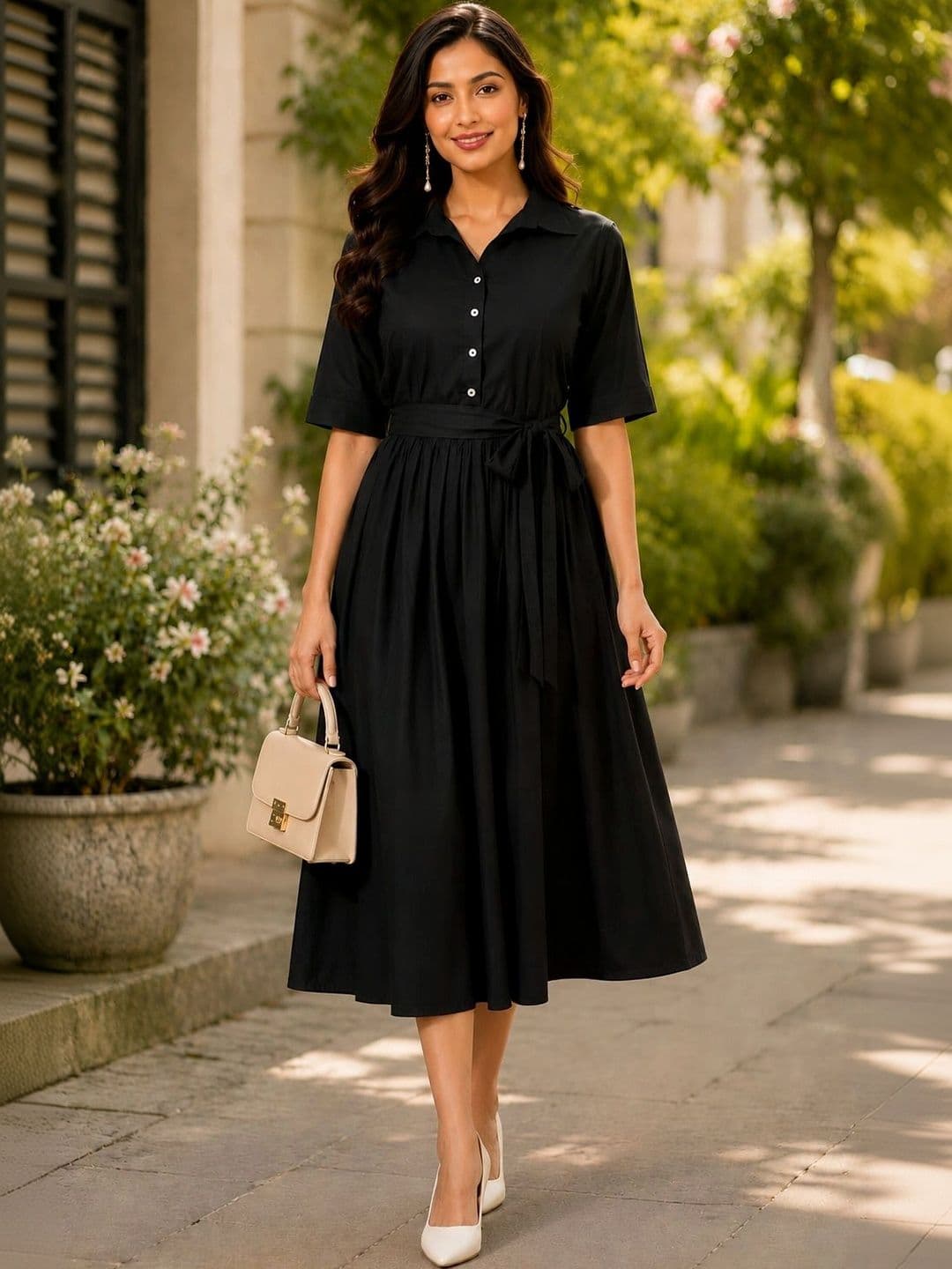 Oxinexx Women Solid Shirt Collar A-Line Midi Dress - view 1