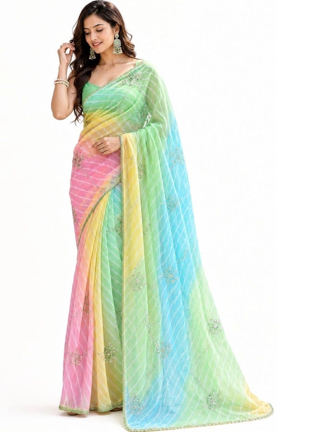 Peachmode Leheriya Embroidered Poly Georgette Leheriya Saree thumbnail 3