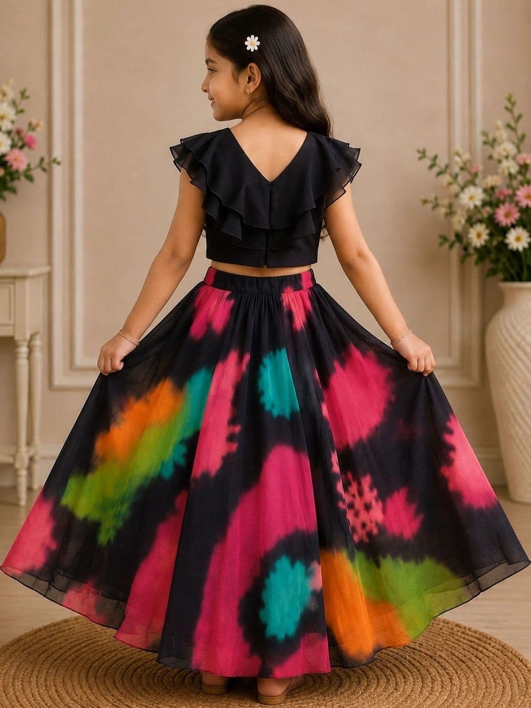 KALINI Girls Tie and Dye Ready to Wear Lehenga & thumbnail 3