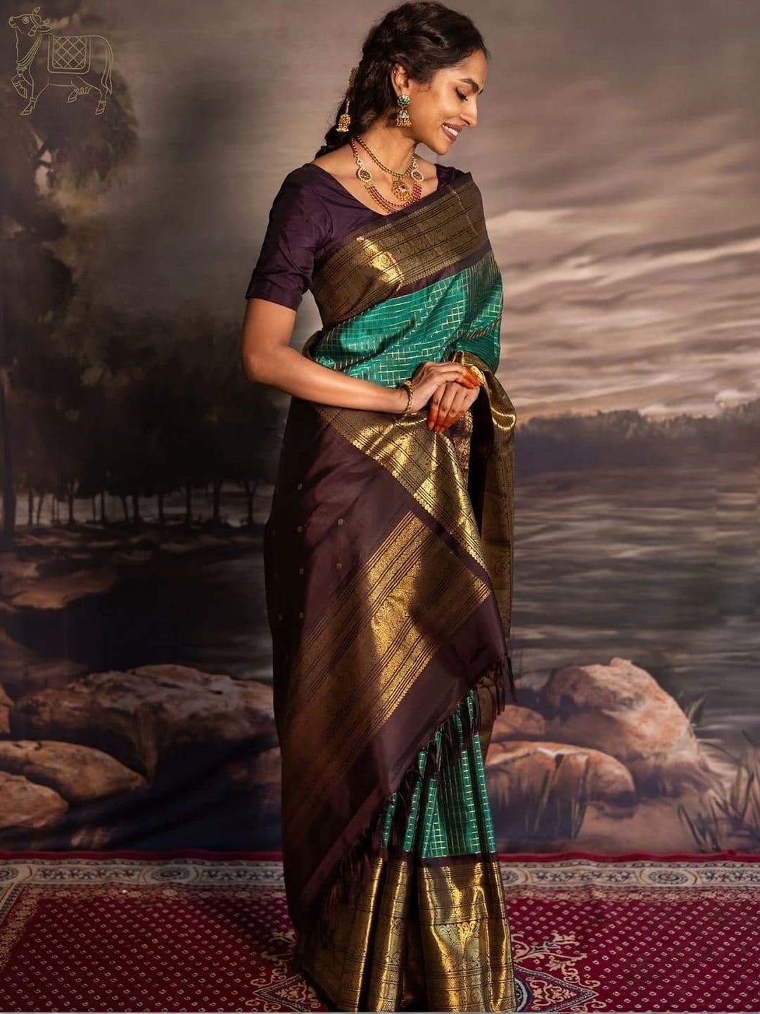 ZELLURE Kalamkari Zari Art Silk Kanjeevaram Saree thumbnail 6