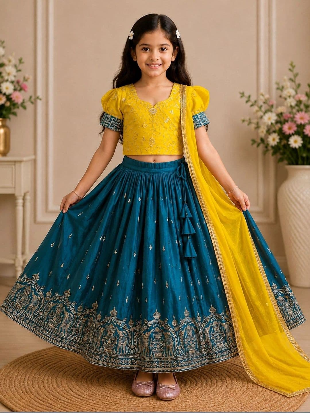 KALINI Girls Embroidered Thread Work Ready to Wear Lehenga & Blouse With Dupatta - view 1