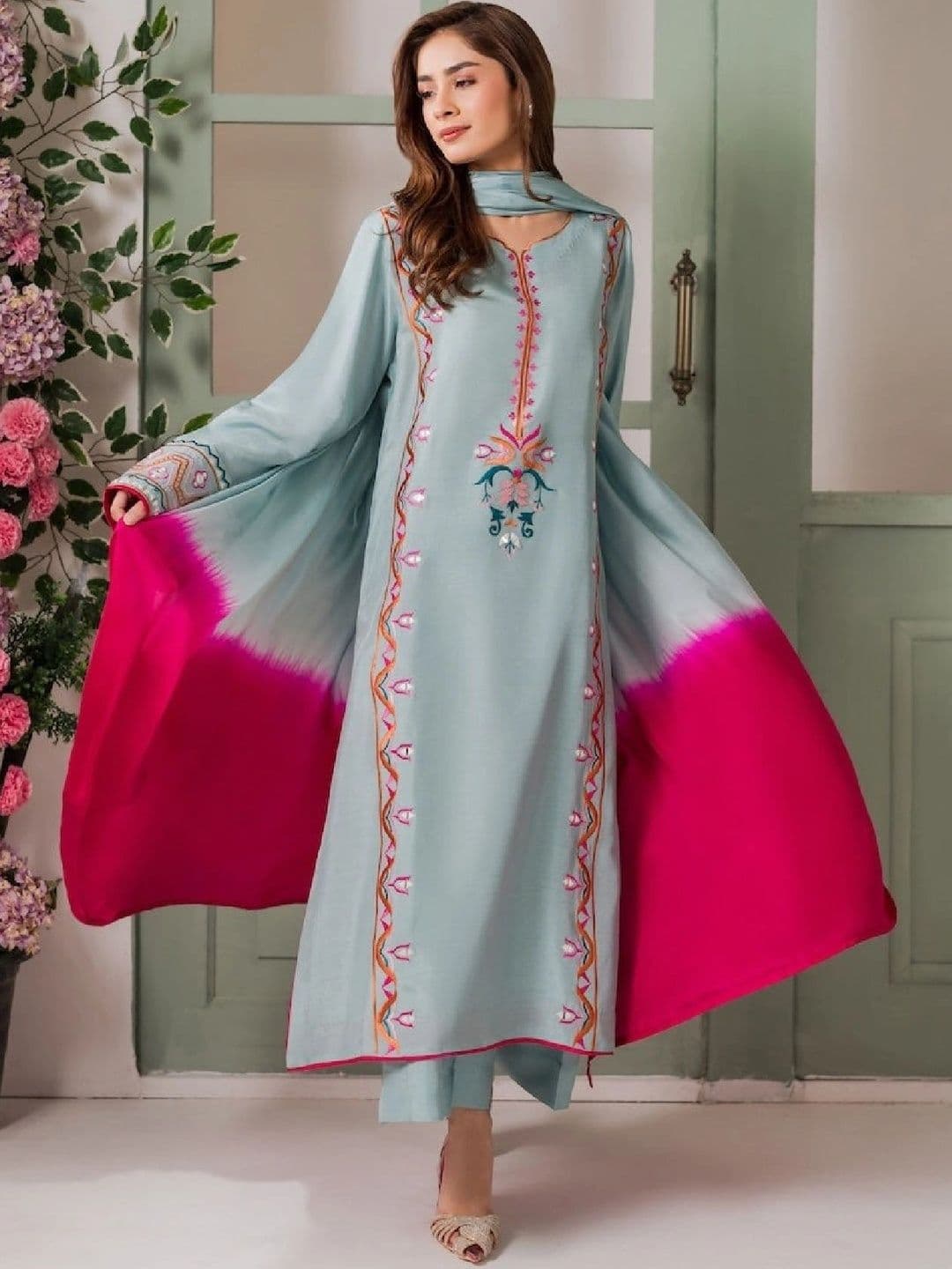 VARNI FABRICS Women Floral Embroidered Silk Crepe Straight Kurta with Trousers & Dupatta thumbnail 7