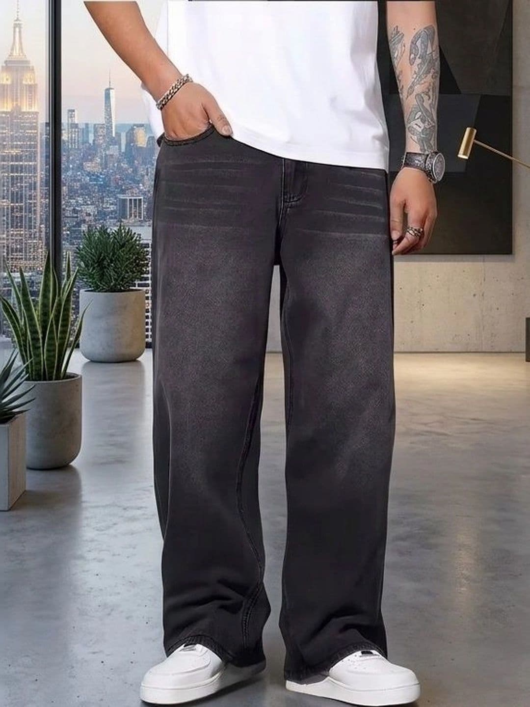 PINKLIT Men Wide Leg Mid-Rise Low Distress Light Fade Jeans - view 1