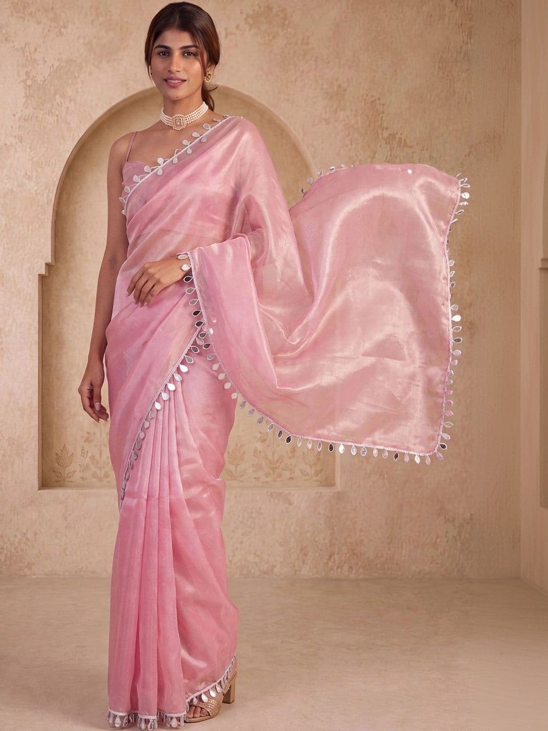 Anouk Mirror Work Satin Designer Saree thumbnail 6