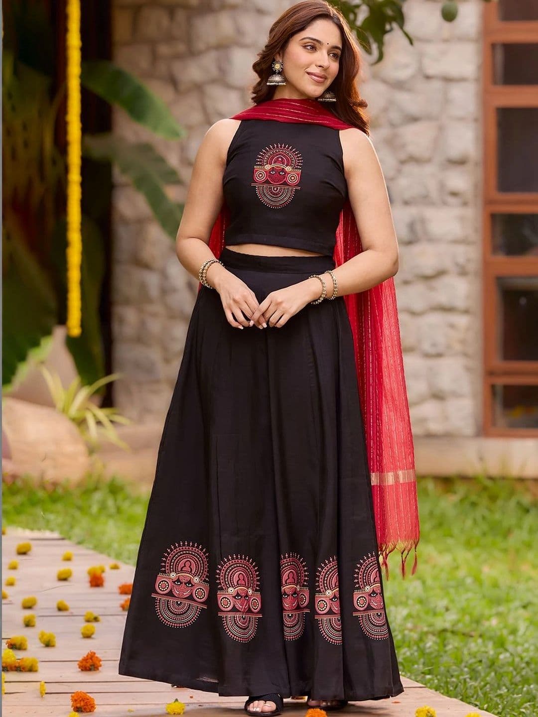 Maybell Women's Silk Blend Embroidered Halter Neck Onam Theme Top with Skirt Set & Dupatta - view 1