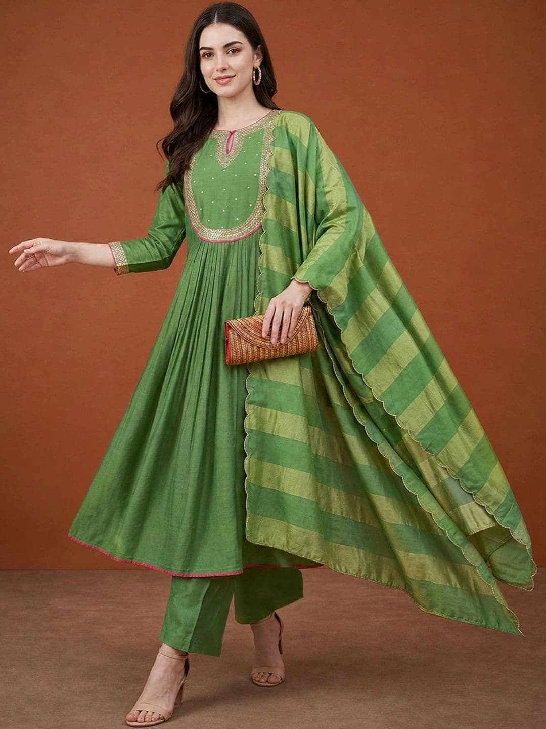 Sangria Women Empire Sequinned Chanderi Silk Kurta with Trousers & With Dupatta thumbnail 6