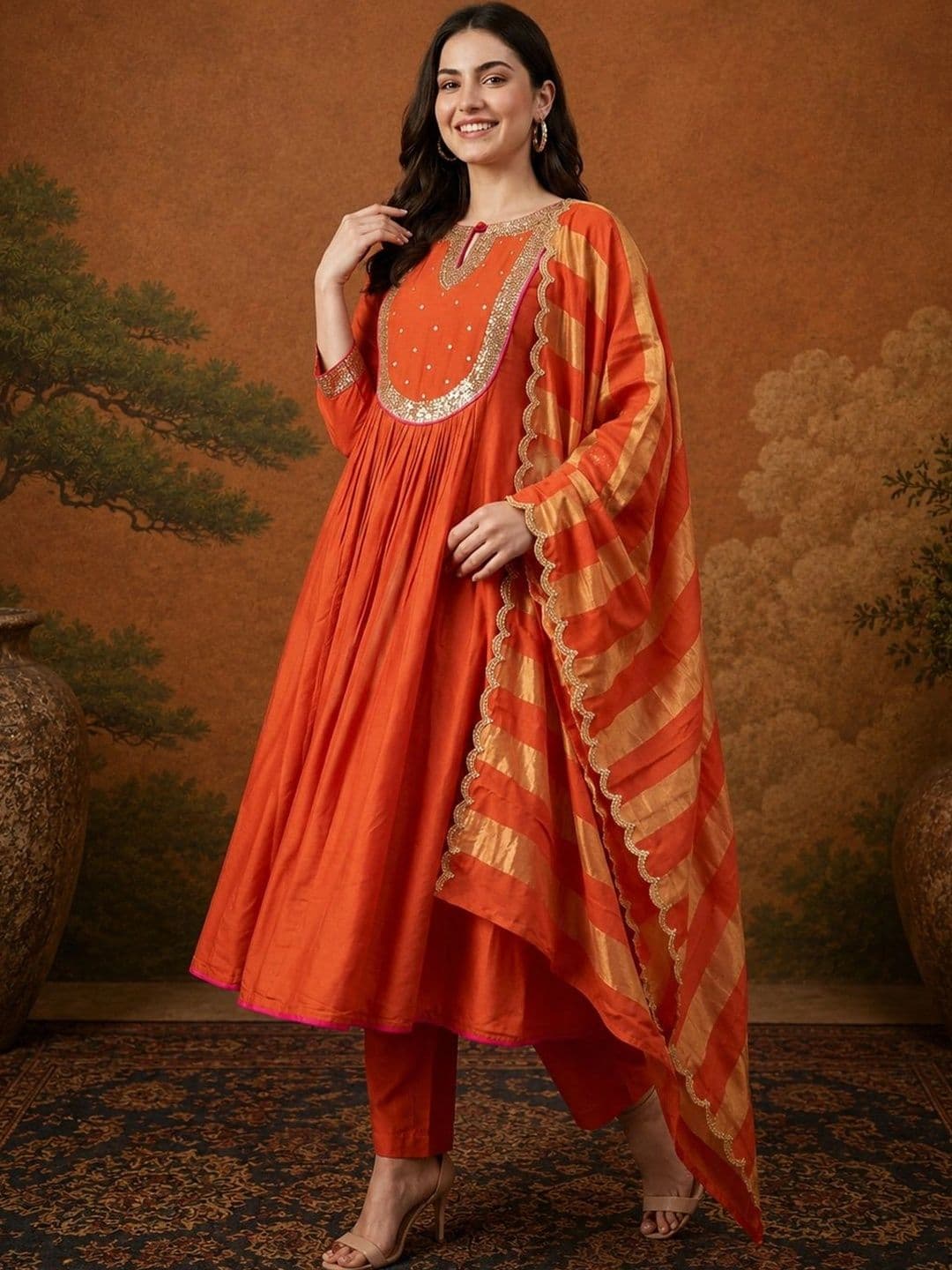 Sangria Women Empire Sequinned Chanderi Silk Kurta with Trousers & With Dupatta - view 1