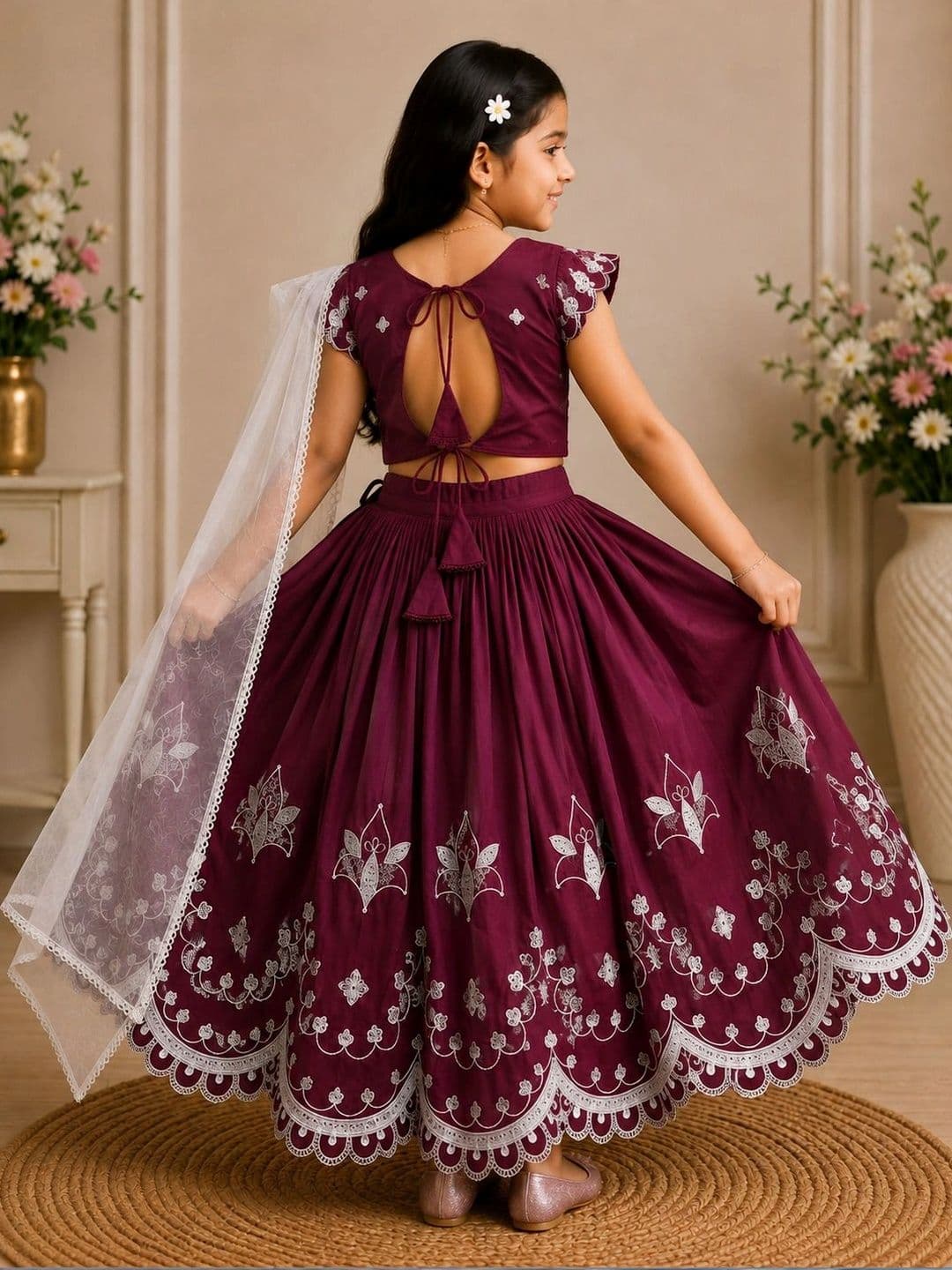 KALINI Girls Embroidered Thread Work Ready to Wear Lehenga & Blouse With Dupatta thumbnail 6