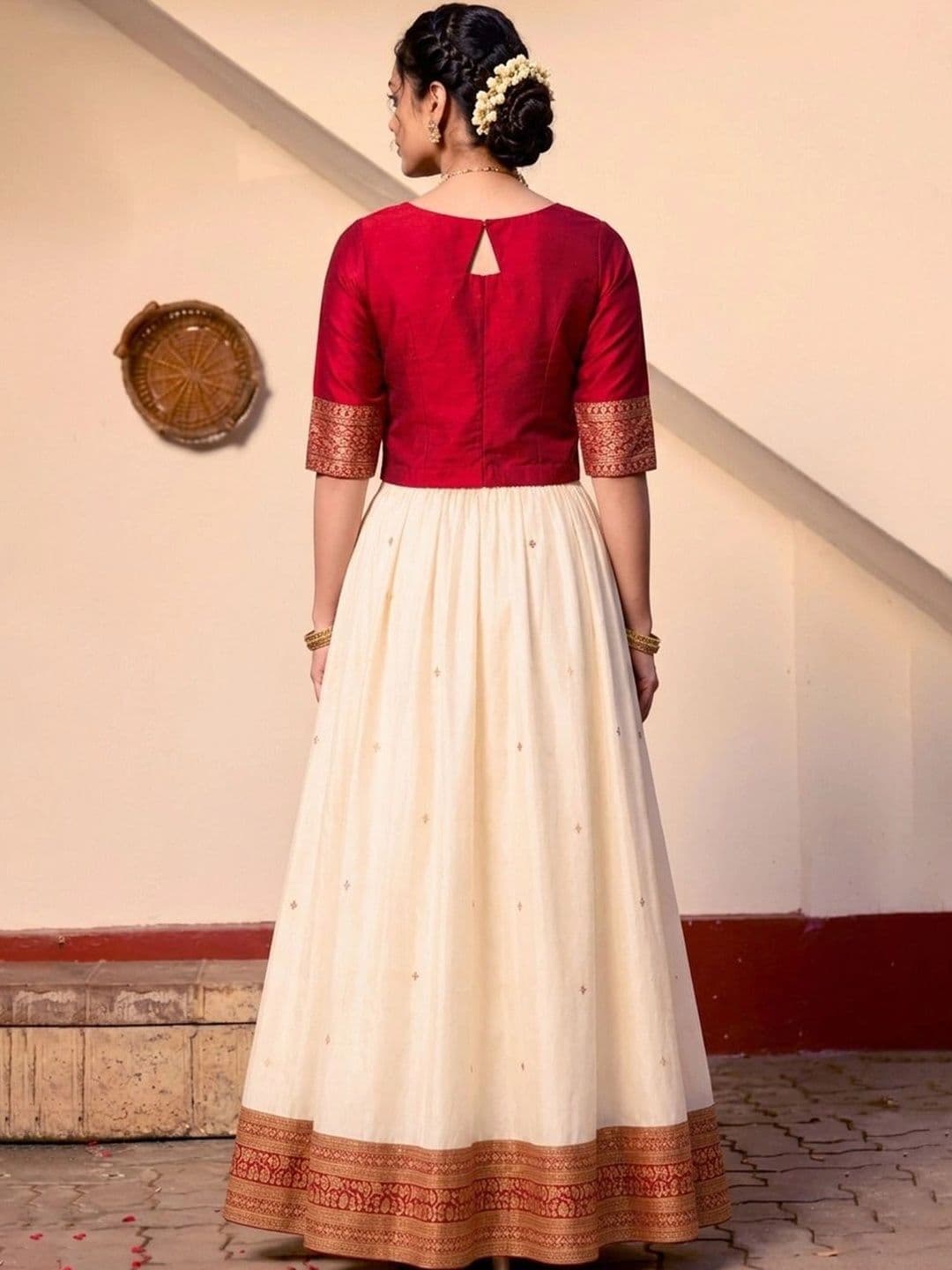 Maybell Women's Silk Blend Embroidered Round Neck Onam Theme Top with Skirt Set thumbnail 4