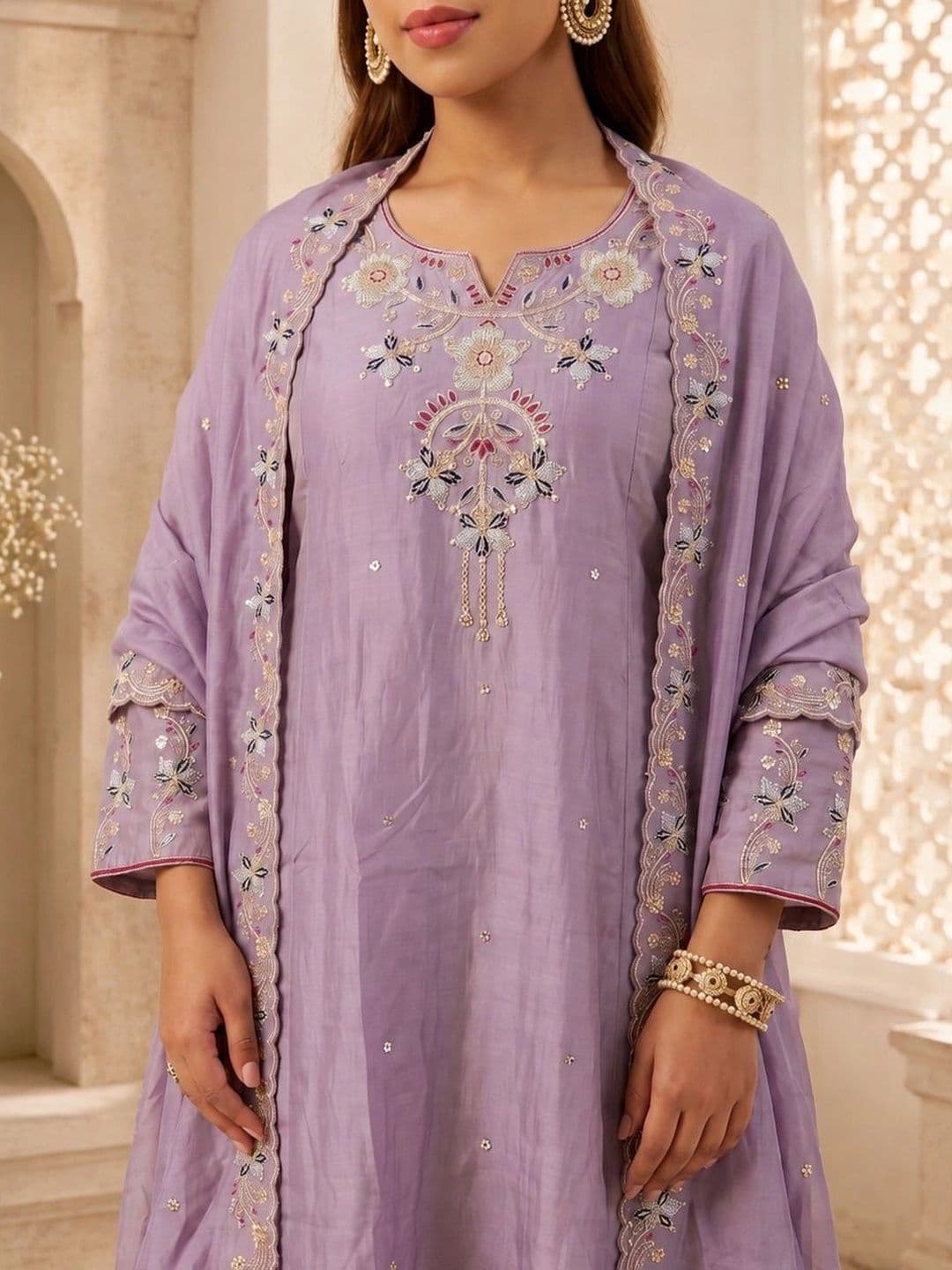 Ariya Prints Women Ethnic Motifs Embroidered Regular Thread Work Kurta with Palazzos & With Dupatta thumbnail 5