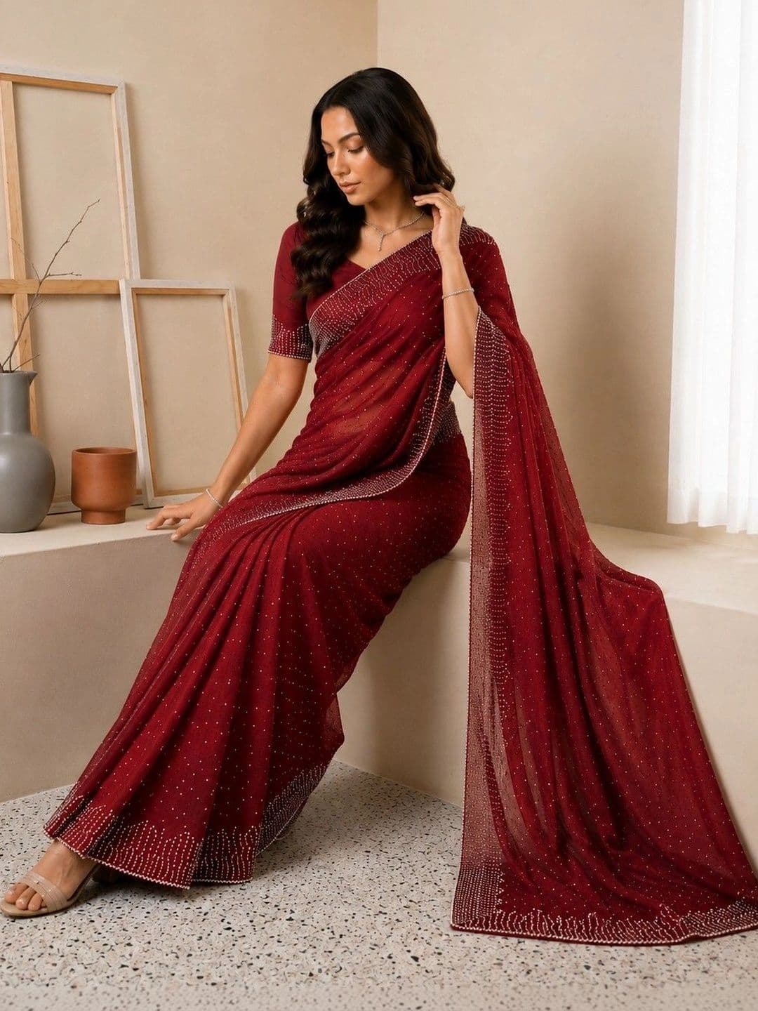 shreevali creation Embellished Beads and Stones Pure Chiffon Saree thumbnail 3