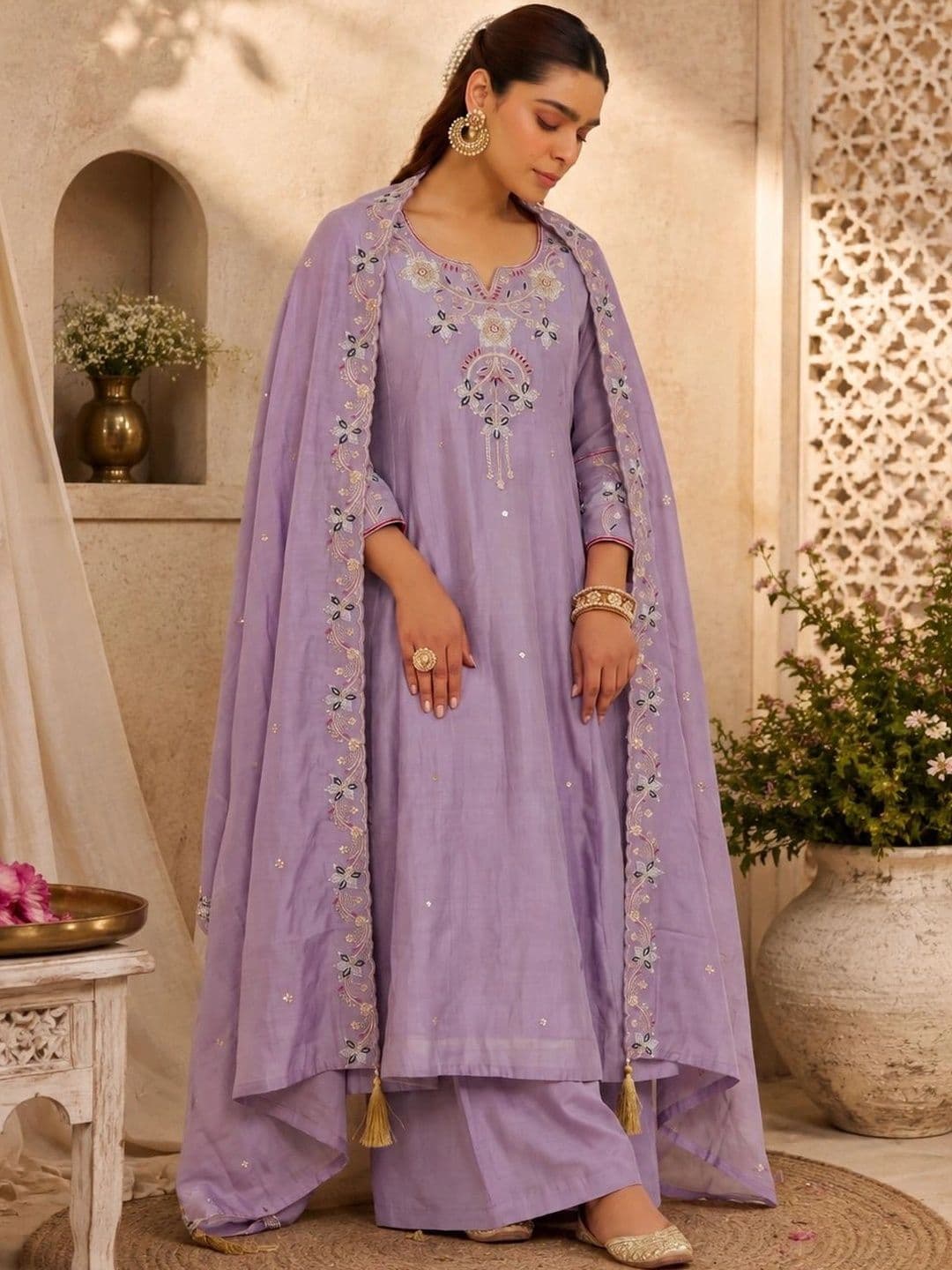 Sangria Ethnic Motifs Embroidered Regular Thread Work Kurta with Palazzos & With Dupatta thumbnail 4
