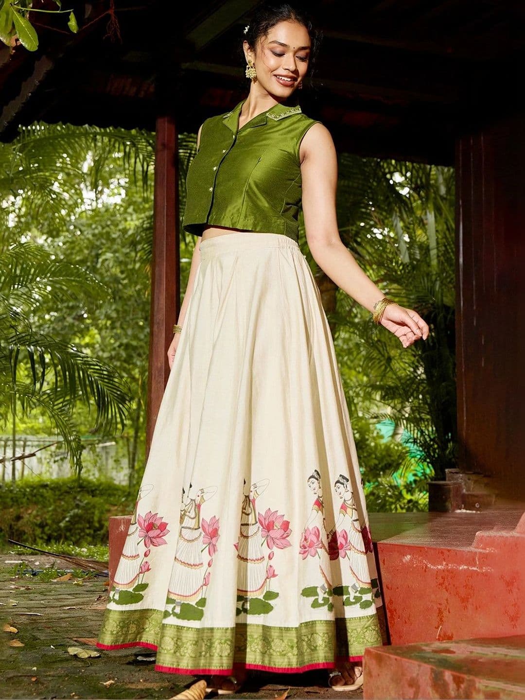 Maybell Women's Raw silk Printed Shirt Collar Onam Theme Top with Skirt Set thumbnail 2