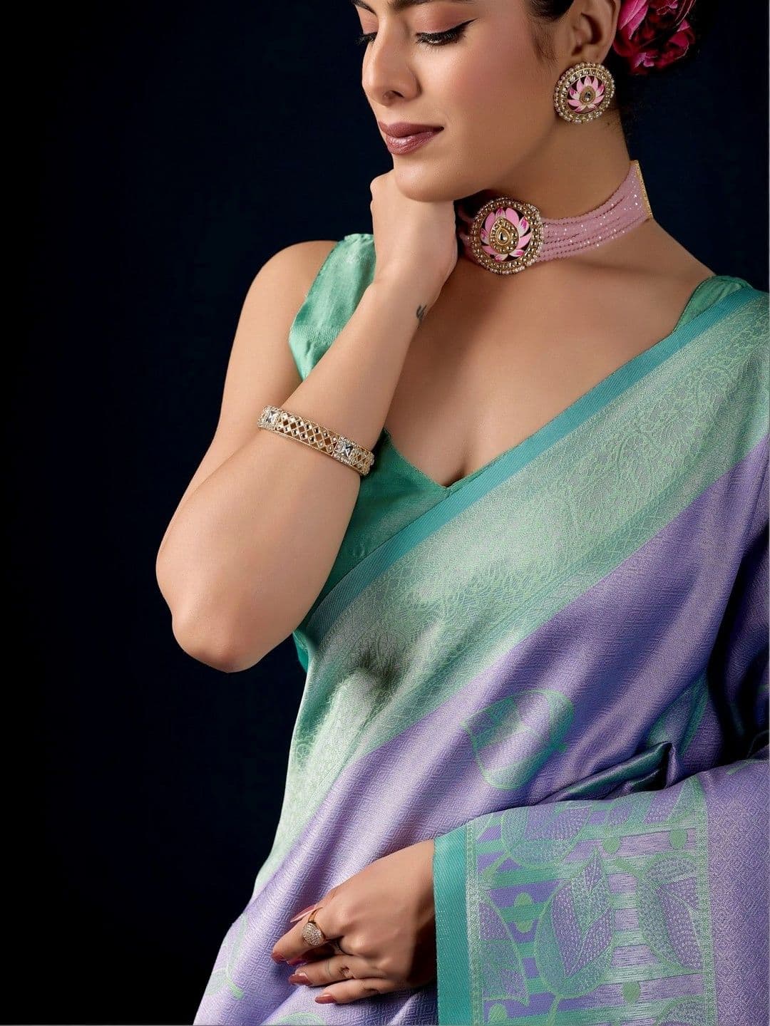 ERIKA Woven Design Zari Silk Blend Designer Banarasi Saree thumbnail 3