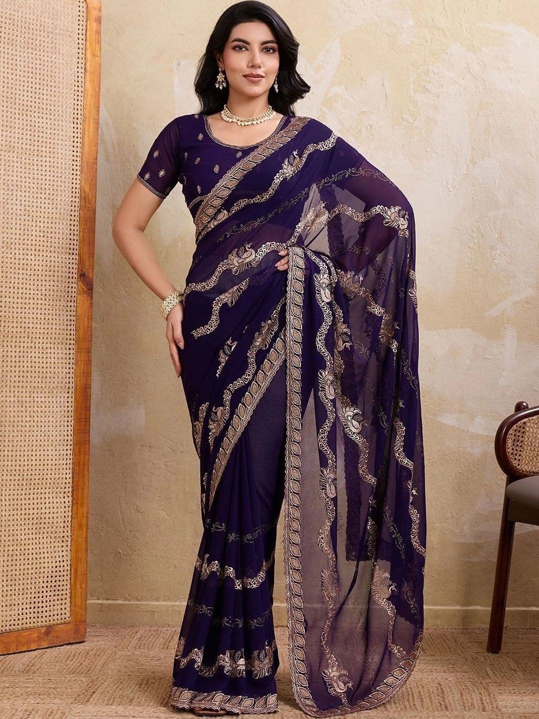 Leelavati Paisley Embroidered Pure Chiffon Saree - view 1