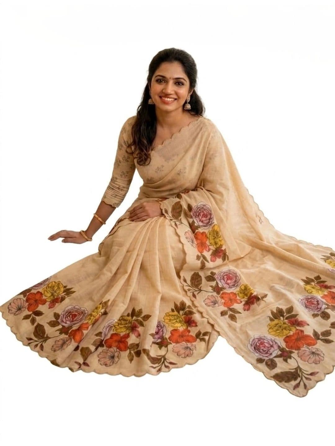 Peachmode Cream Linen Saree with Floral Print & Cut Work Border thumbnail 3