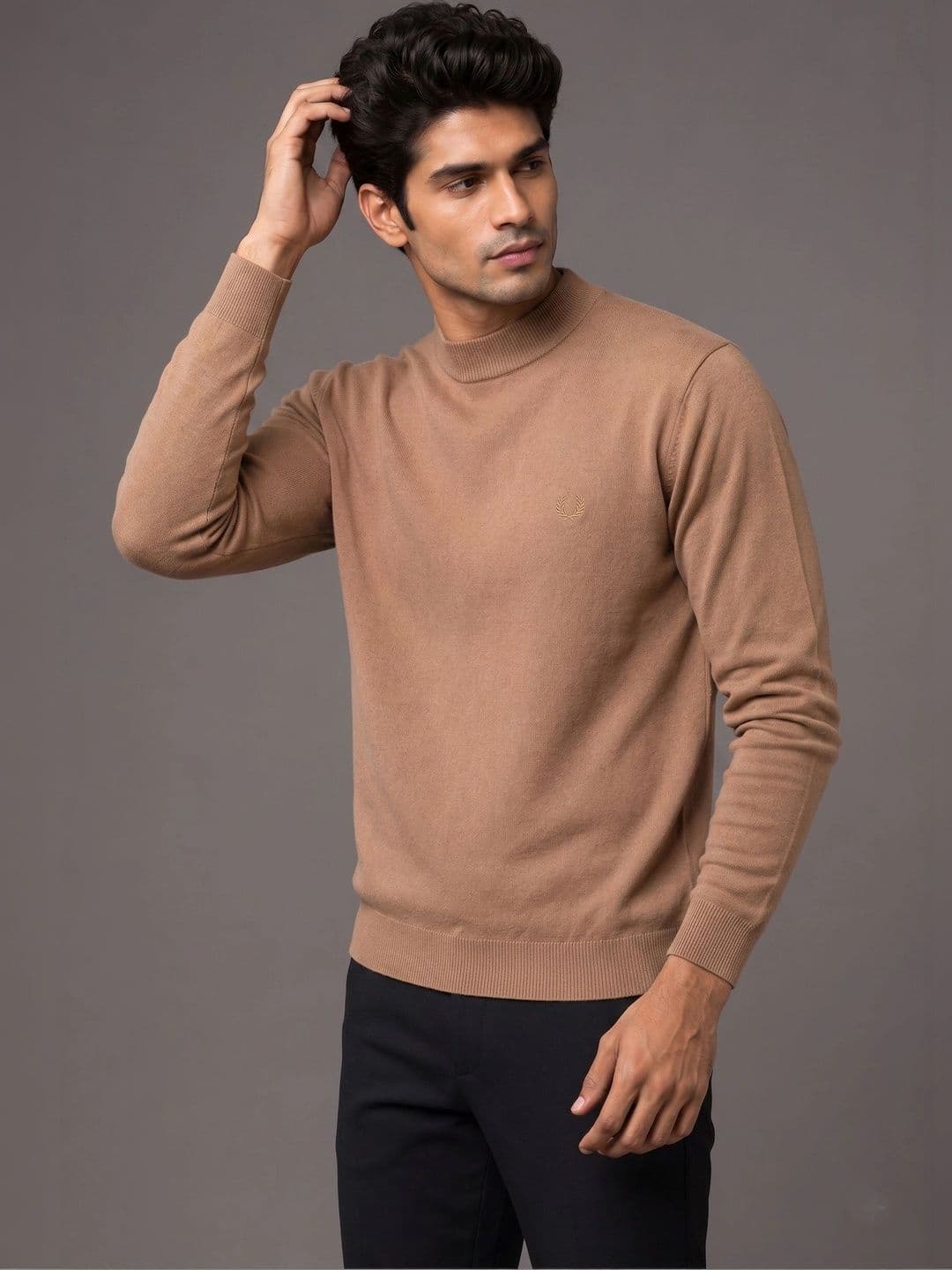 Roadster Men Solid High-Neck Regular-Fit Knitted Sweater thumbnail 3