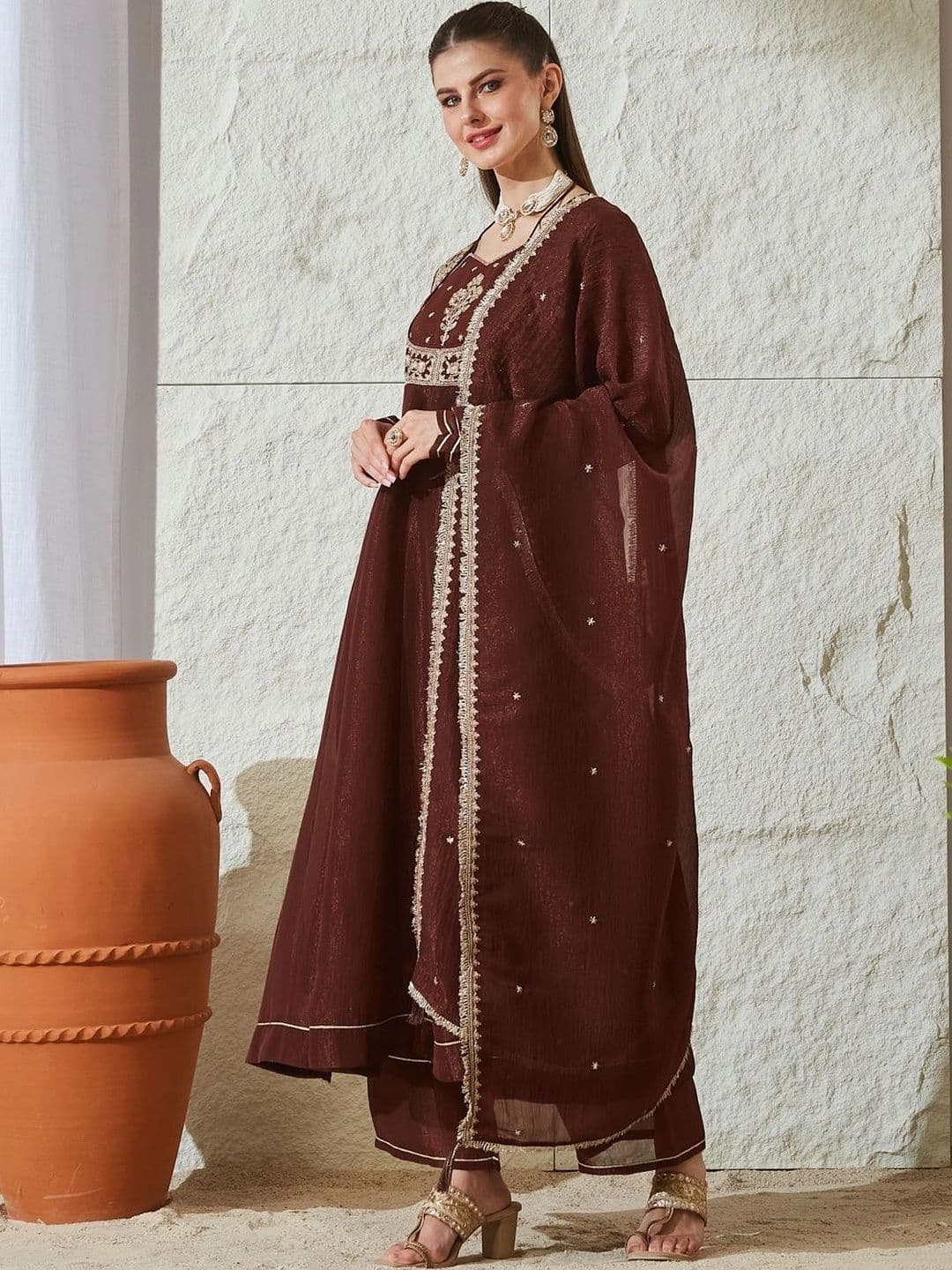 MOKOSH Women Embroidered Anarkali Kurta and Palazzo Set with Dupatta thumbnail 2