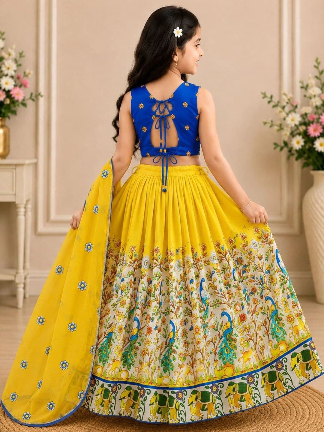 KALINI Girls Printed Kalamkari Ready to Wear Lehenga & Blouse With Dupatta thumbnail 2