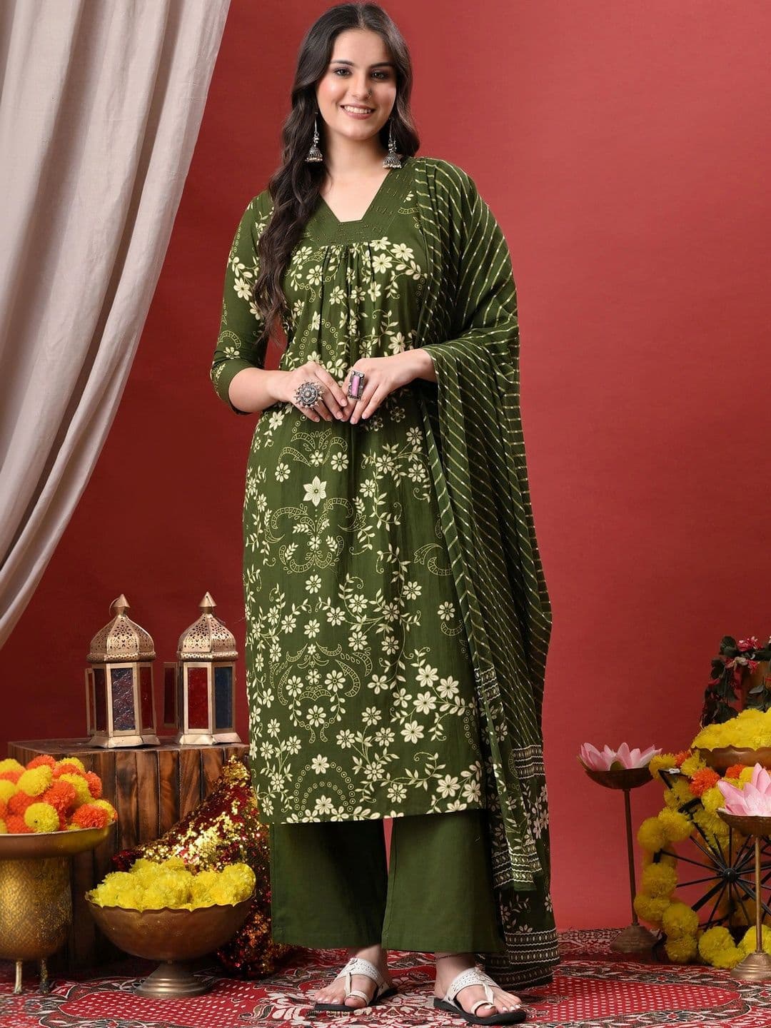 Anouk Women Floral Printed Regular Pure Cotton Kurta with Palazzos & With Dupatta - view 1