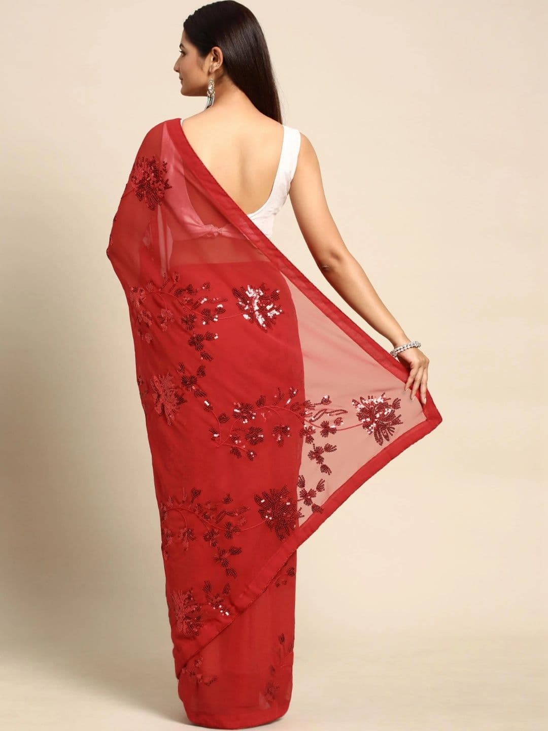 FashionsEye Embellished Sequinned Poly Georgette Designer Saree thumbnail 4