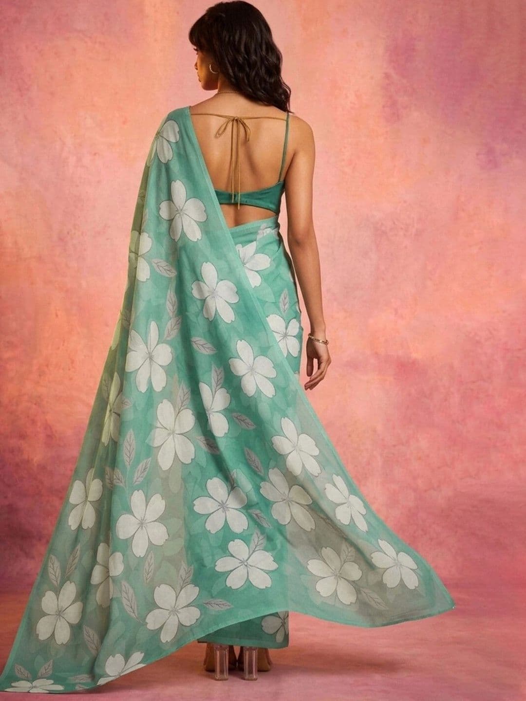KINDA DESI Floral Zari Pure Chiffon Fusion Saree thumbnail 2