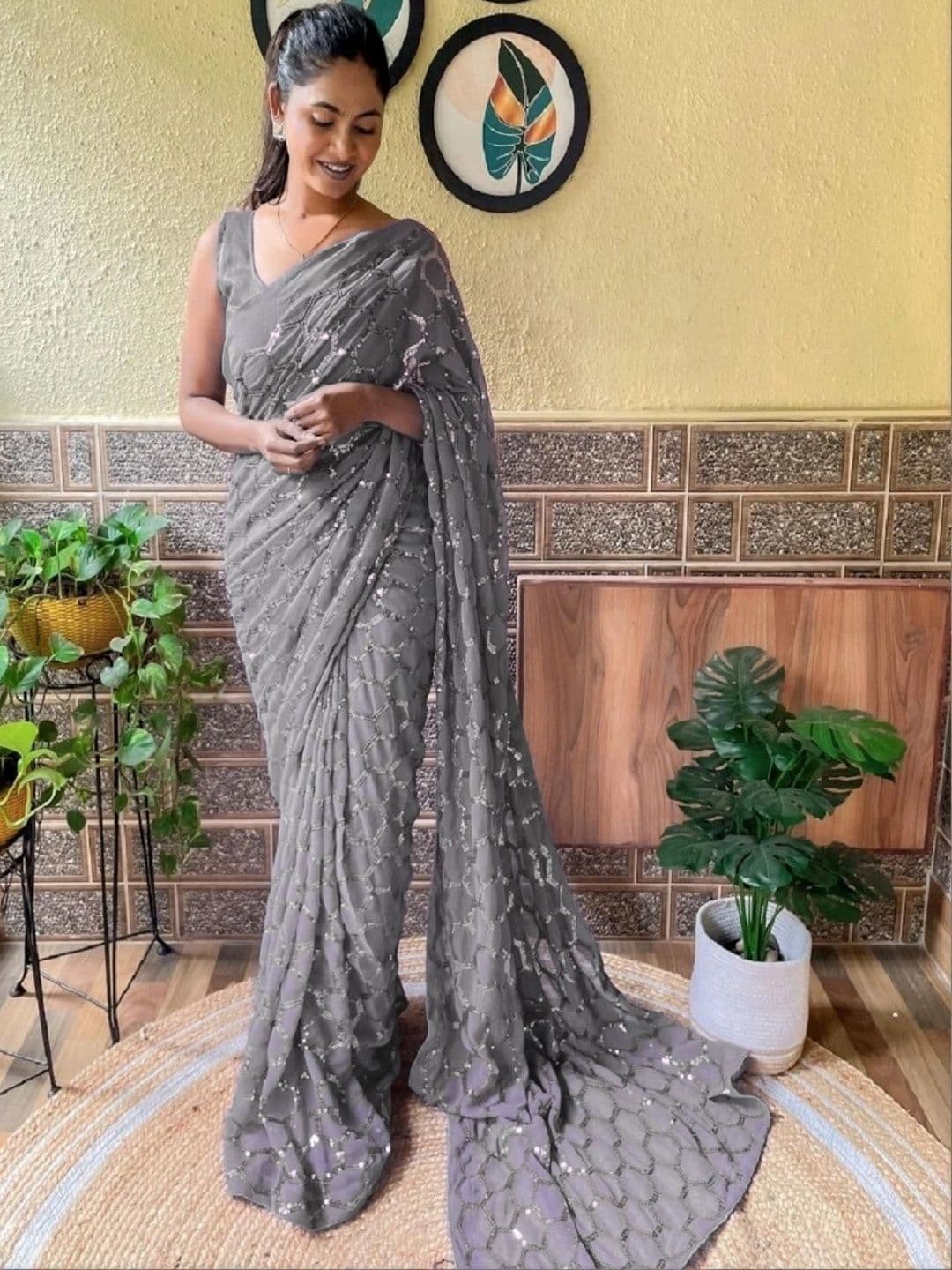 Mitera Embellished Sequinned Poly Georgette Designer Saree - view 1