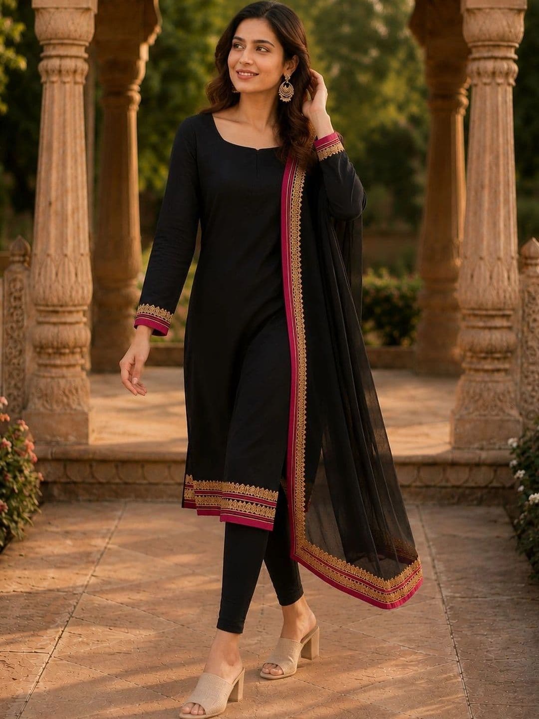 Sangria Women Ethnic Motifs Regular Thread Work Kurta With Dupatta thumbnail 6