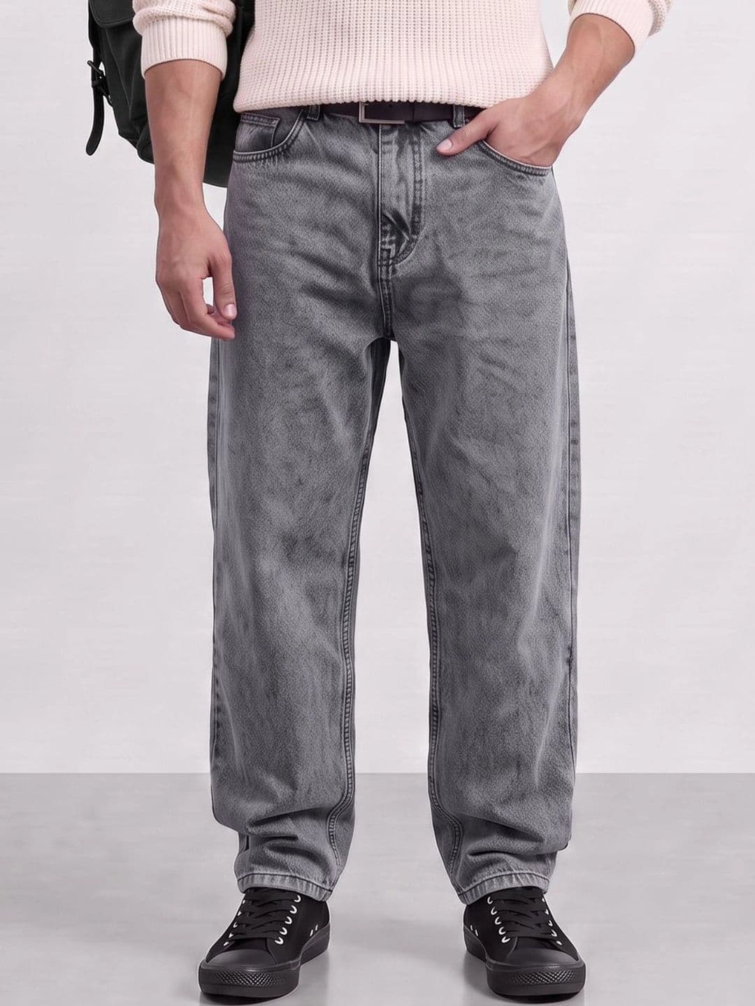 Powerlook Men Grey Baggy Mid-Rise Pure Cotton Jeans thumbnail 2