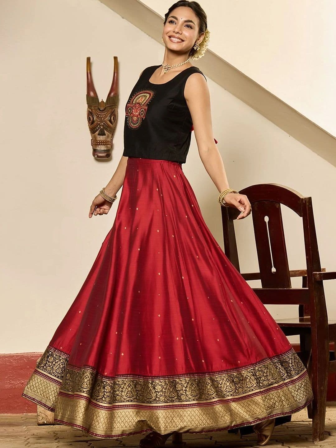 Maybell Women's Silk Blend Embroidered Round Neck Onam Theme Top with Skirt Set thumbnail 5