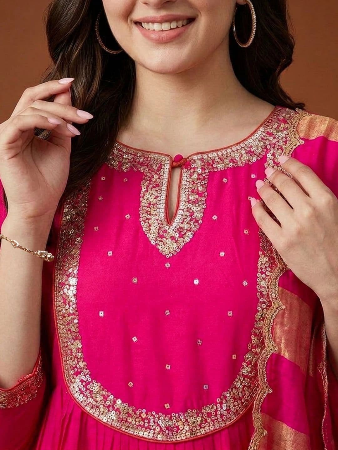 Sangria Women Embroidered Empire Sequinned Chanderi Silk Kurta with Trousers & With Dupatta thumbnail 3