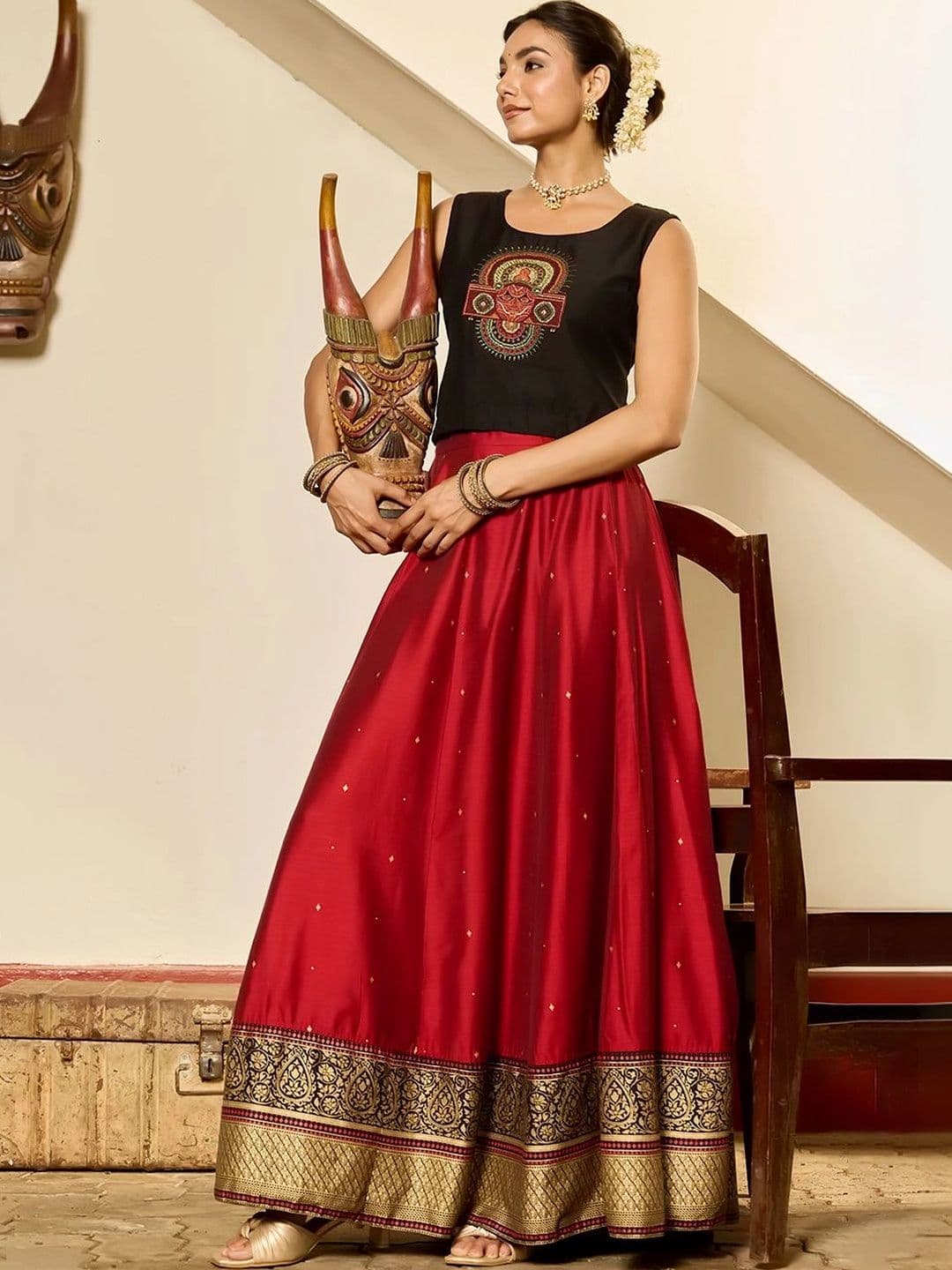 Maybell Women's Silk Blend Embroidered Round Neck Onam Theme Top with Skirt Set thumbnail 6
