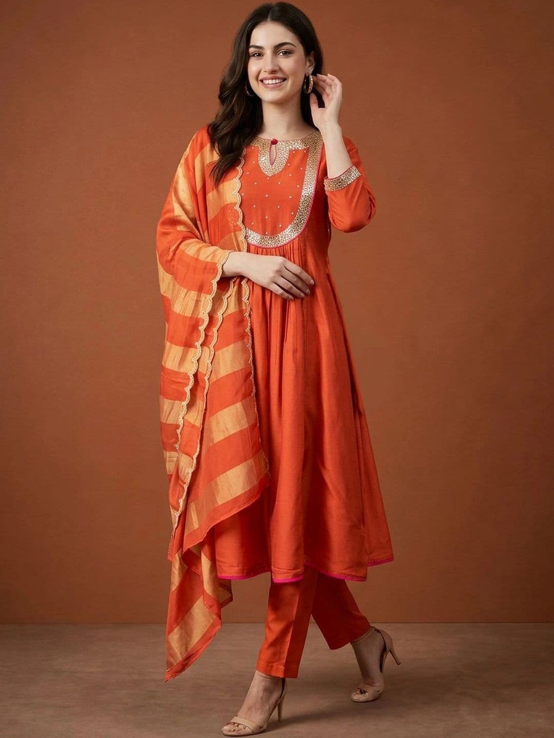 Sangria Women Empire Sequinned Chanderi Silk Kurta with Trousers & With Dupatta thumbnail 7