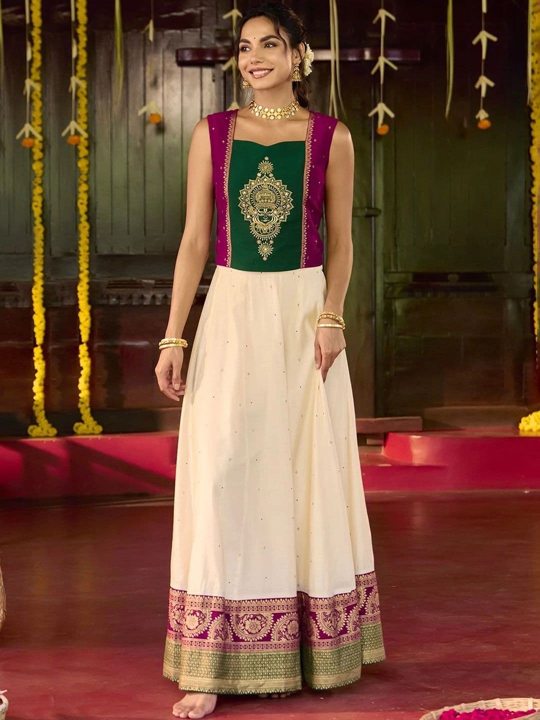 Maybell Women's Silk Blend Embroidered Square Neck Onam Theme Top with Skirt Set - view 1