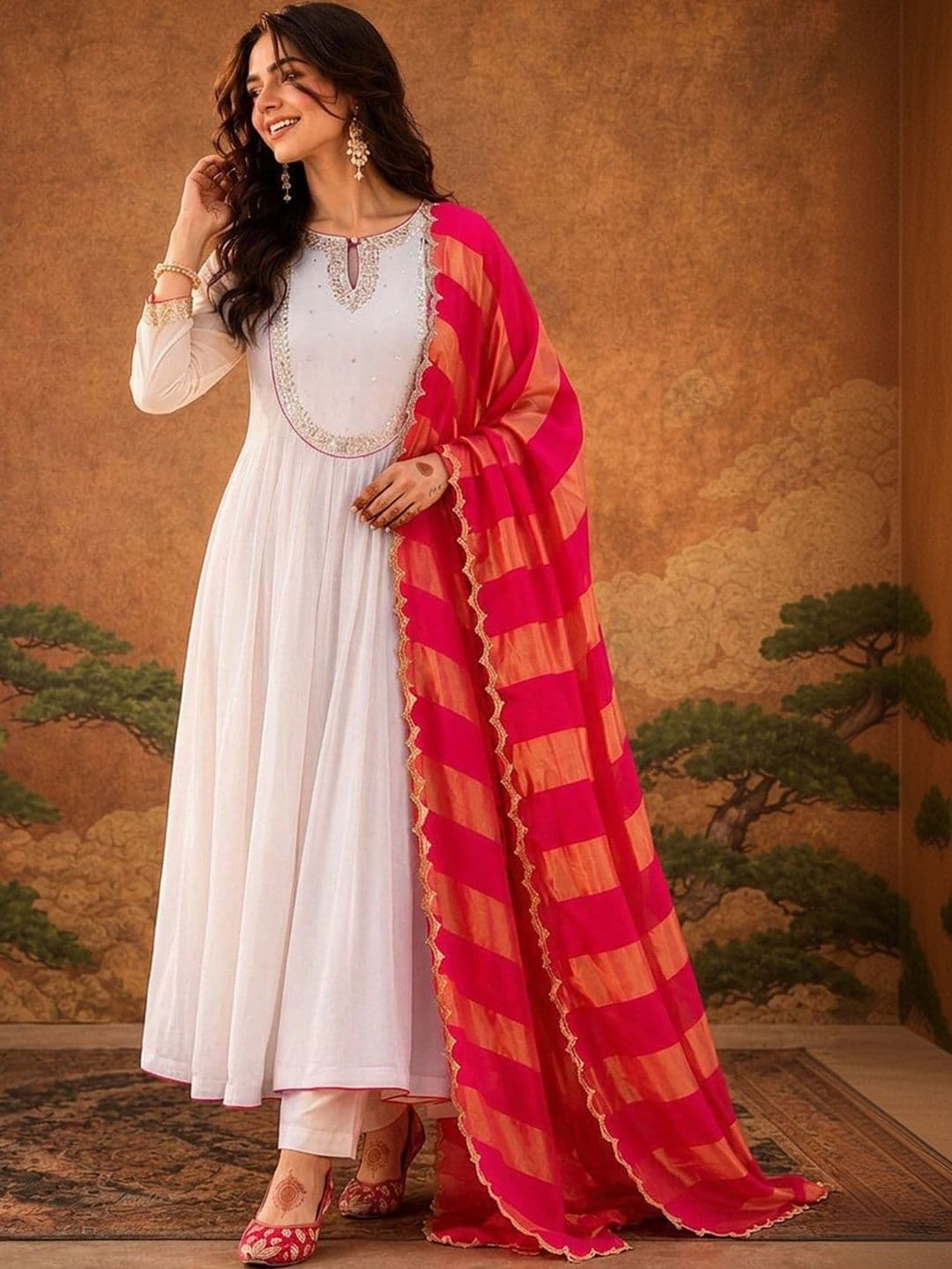 Sangria Women Floral Embroidered Regular Chanderi Silk Kurta with Trousers & With Dupatta - view 1