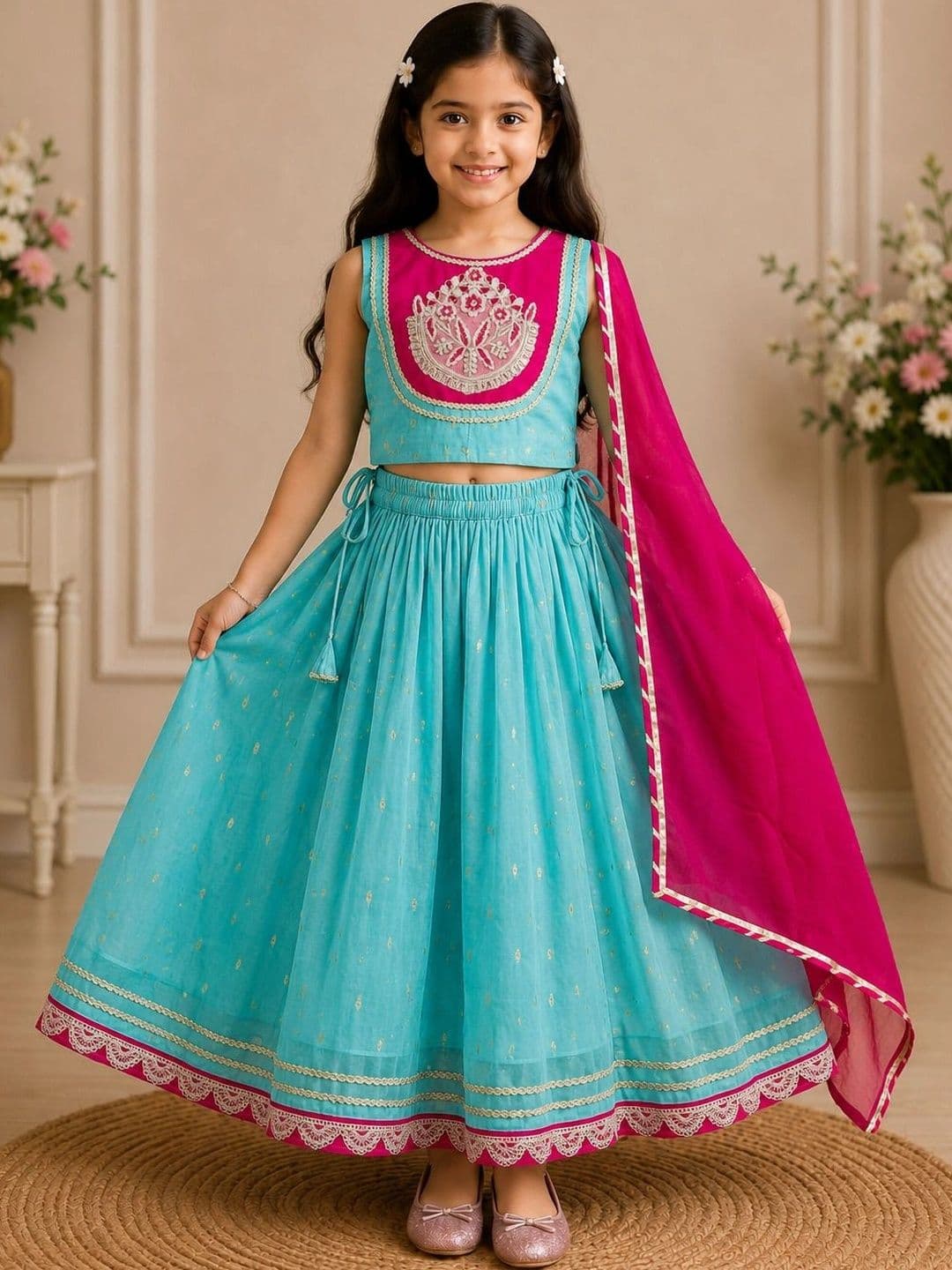 KALINI Girls Embroidered Thread Work Ready to Wear Lehenga & Blouse With Dupatta - view 1