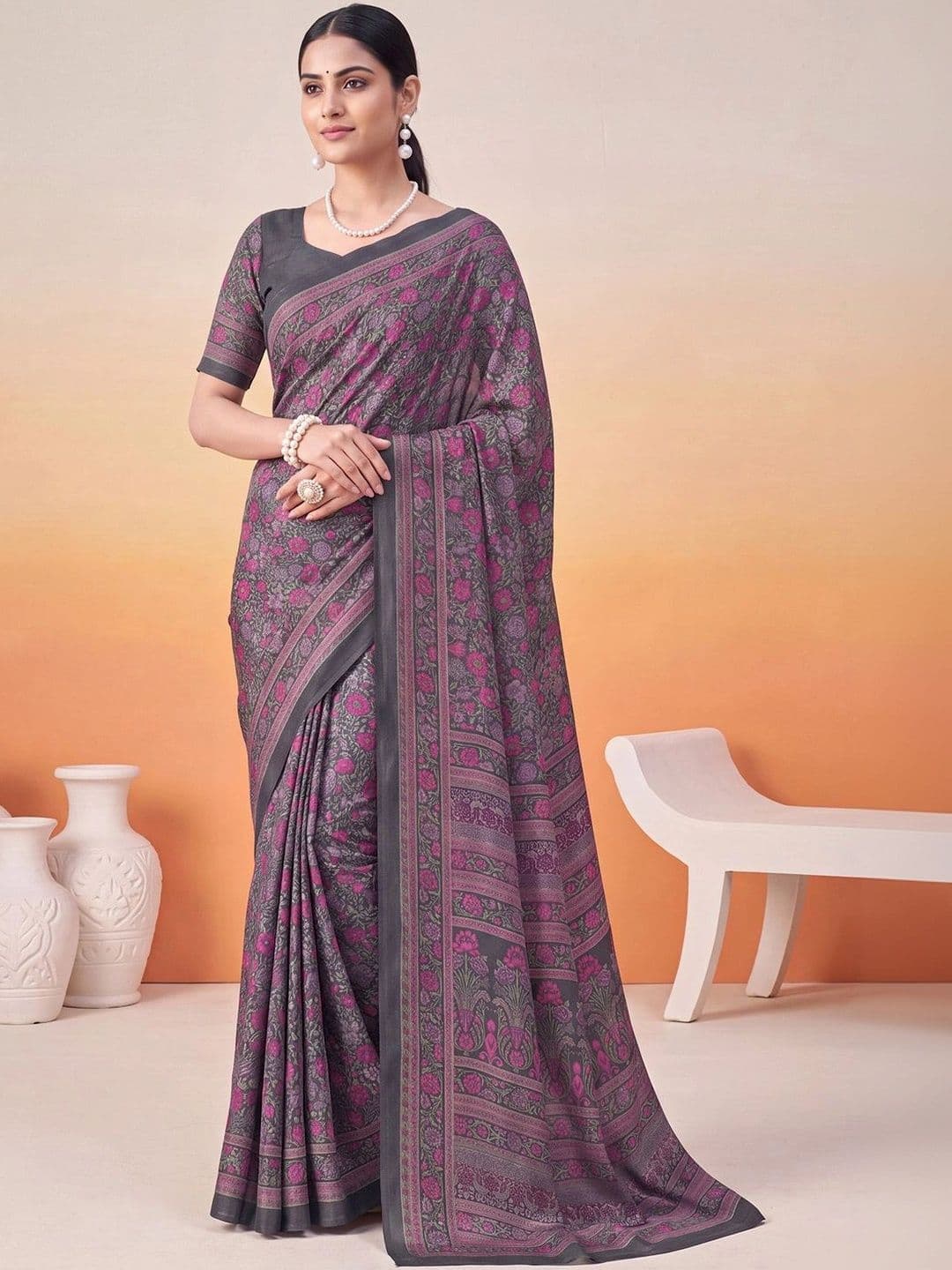 Anouk Floral Poly Crepe Designer Saree - view 1
