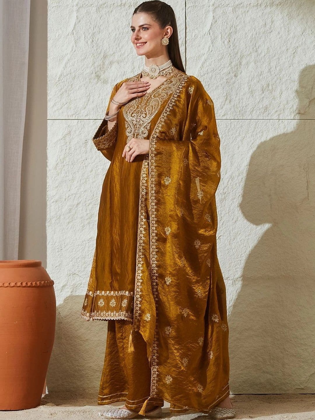 MOKOSH Women Embroidered Anarkali Kurta and Palazzo Set with Dupatta thumbnail 2