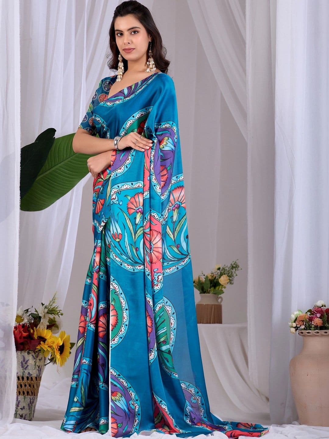 LeeliPeeri Designer Floral Satin Designer Saree thumbnail 4