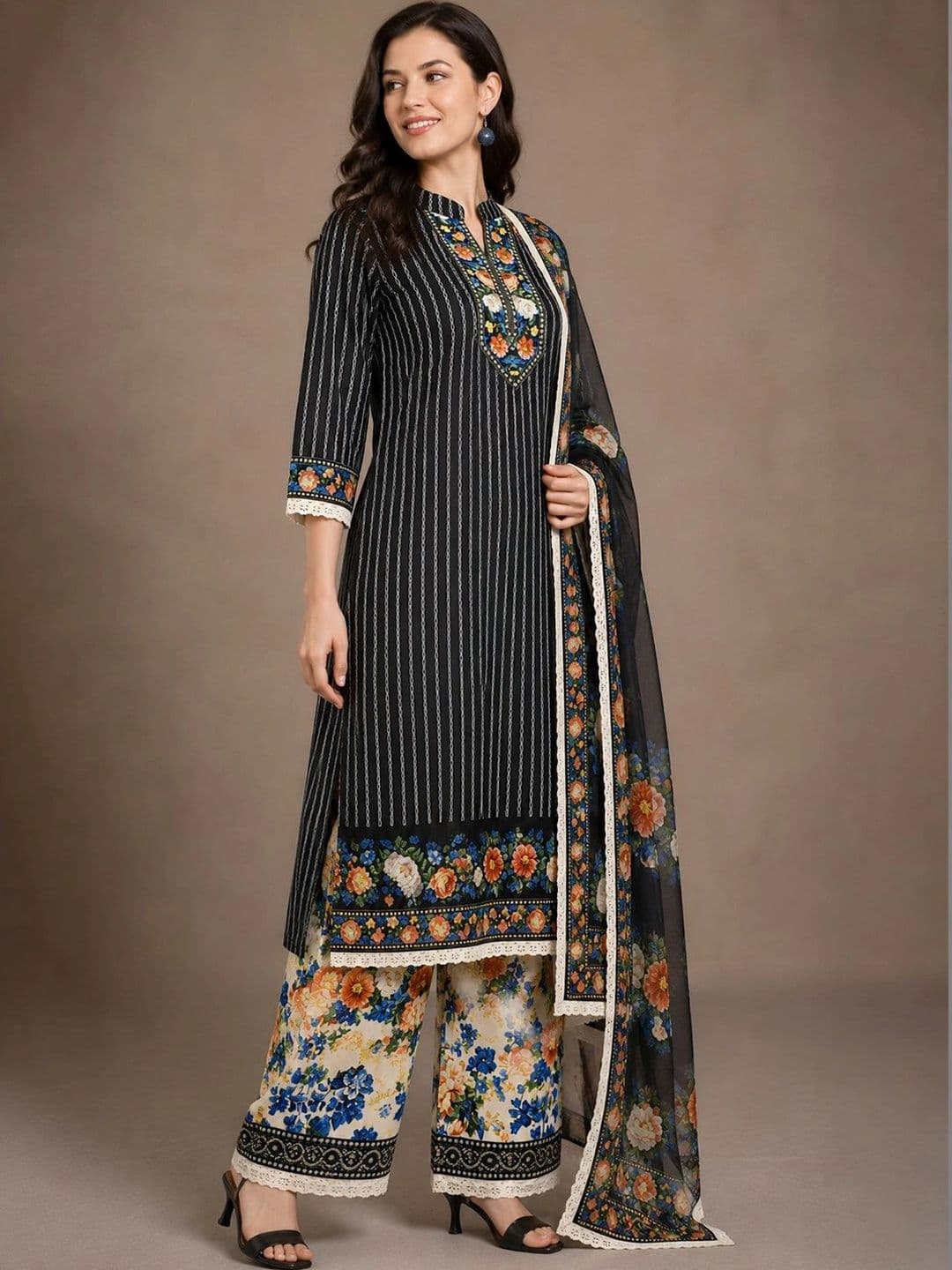 Anouk Women Floral Striped Regular Thread Work Pure Cotton Kurta with Palazzos & With Dupatta thumbnail 7