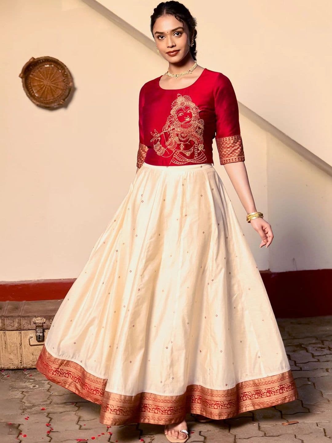 Maybell Women's Silk Blend Embroidered Round Neck Onam Theme Top with Skirt Set - view 1